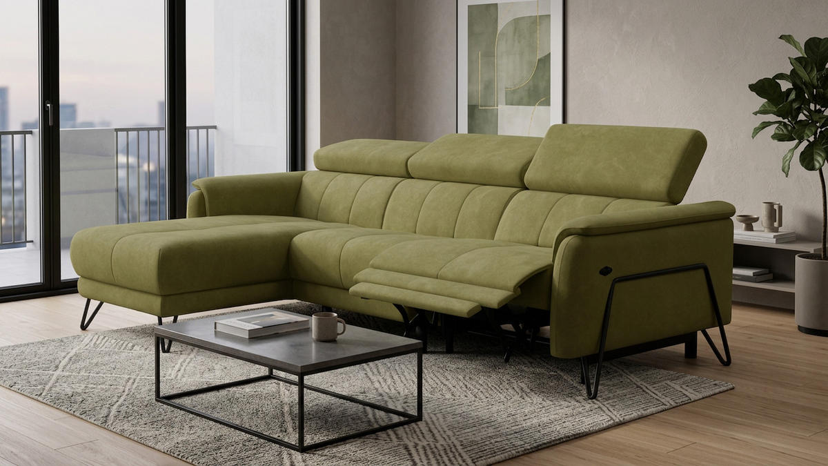 ECKSOFA RODEN 4-Sitzer mit Relax, olive, Veloursstoff - Grün, Holz/Textil (268/92cm) - Wozimo