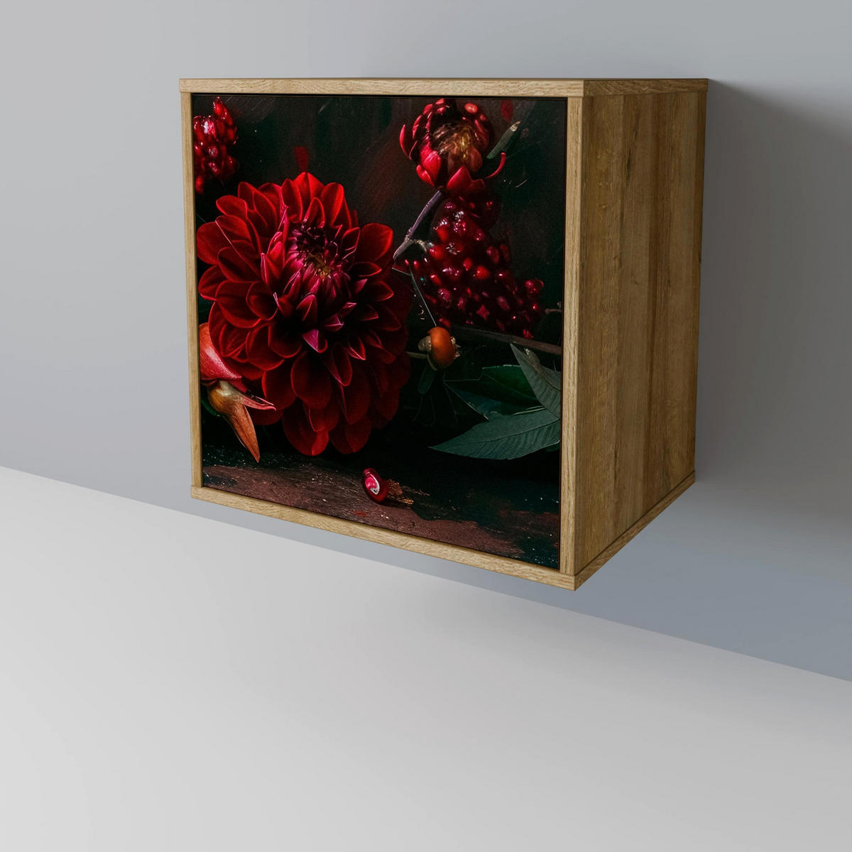 SIDEBOARD DAHLIAS AND POMEGRANATES, Eichefarben, 57,5x42x67,5 cm, Schwarze Metall-Rahmenfüße - Eichefarben/Multicolor, Holzwerkstoff/Metall (57.5/67.5/42cm) - SpaceRebels