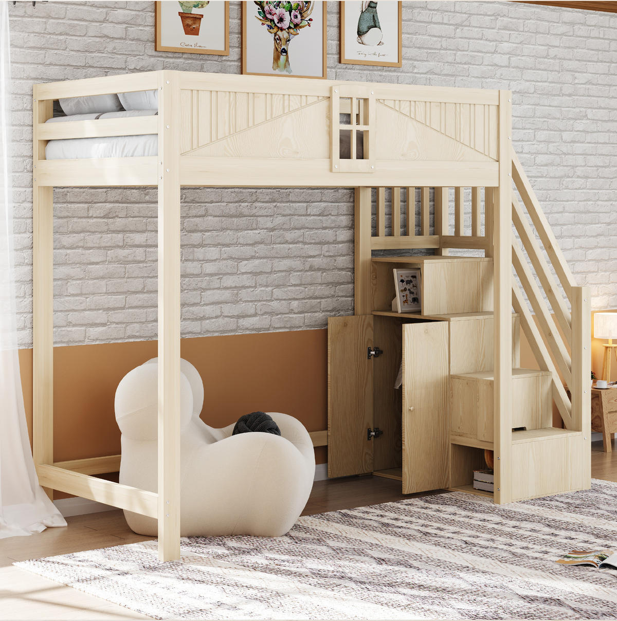 HOCHBETT mit Stauraum 90x200 cm Massivholz Natur, Leiter beidseitig montierbar - Braun, Holzwerkstoff (90/200cm) - Beauniv