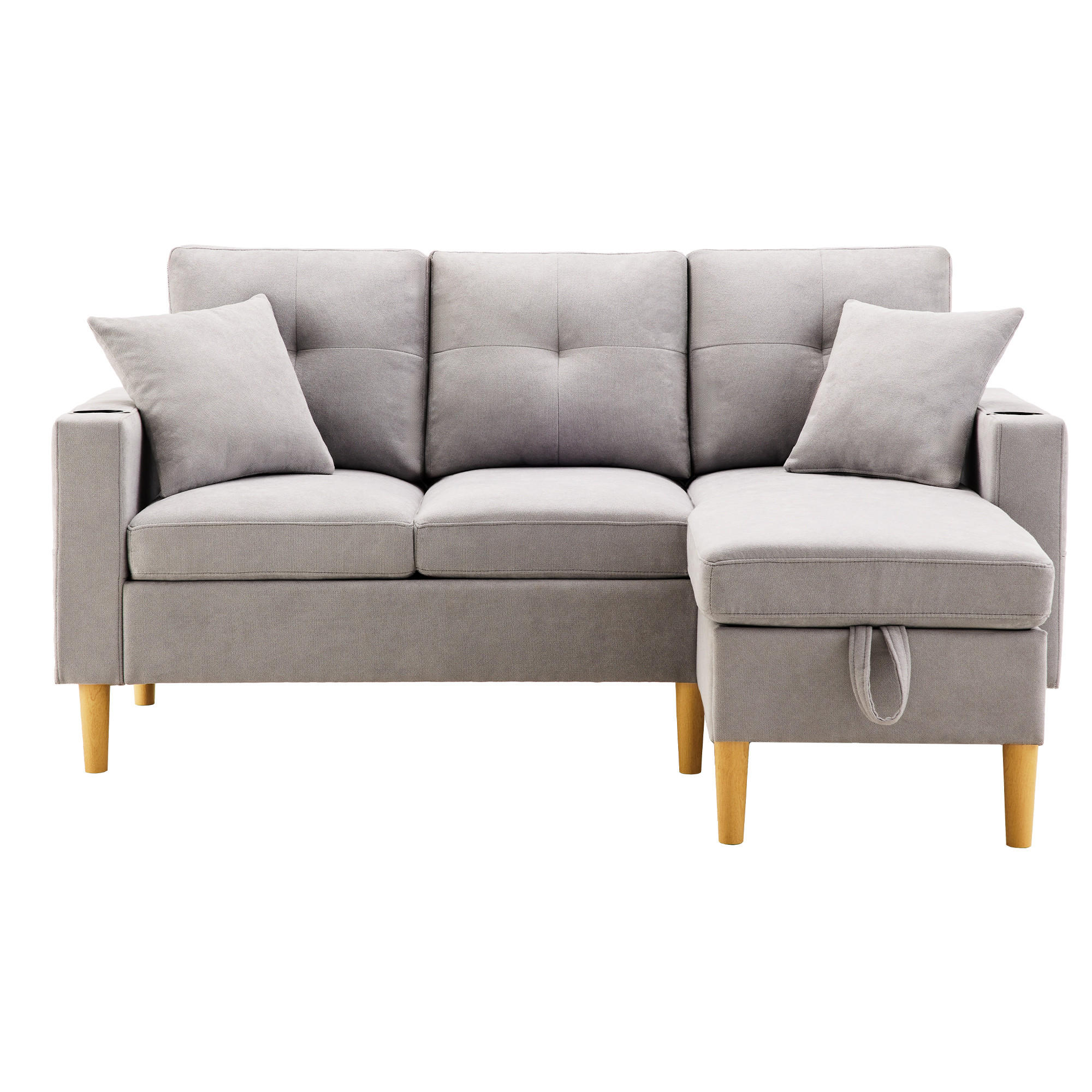 SOFA 3-Sitzer L-Form Chaiselongue Stauraum Getränkehalter - Grau, Holz (129/175cm) - FLIEKS