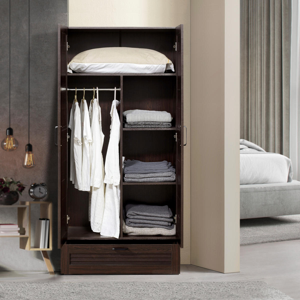 KLEIDERSCHRANK Finning - Walnussfarben, Holzwerkstoff (80/176/52cm) - [en.casa]