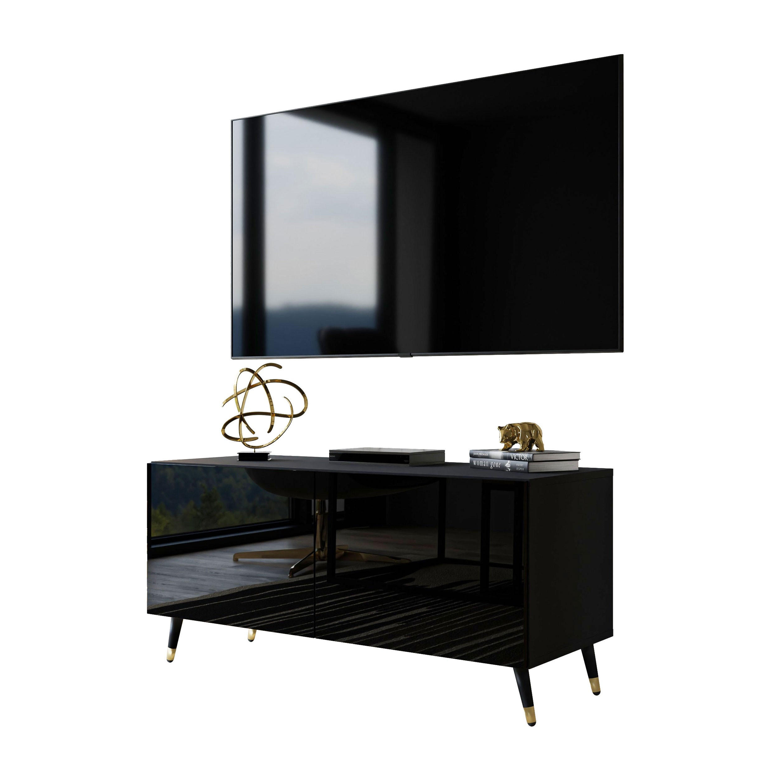 TV-ELEMENT AURA 100 Schwarz Hochglanz – Beinfarbe: Schwarz + Gold - Schwarz, Holzwerkstoff (100/48/40cm) - Lookway