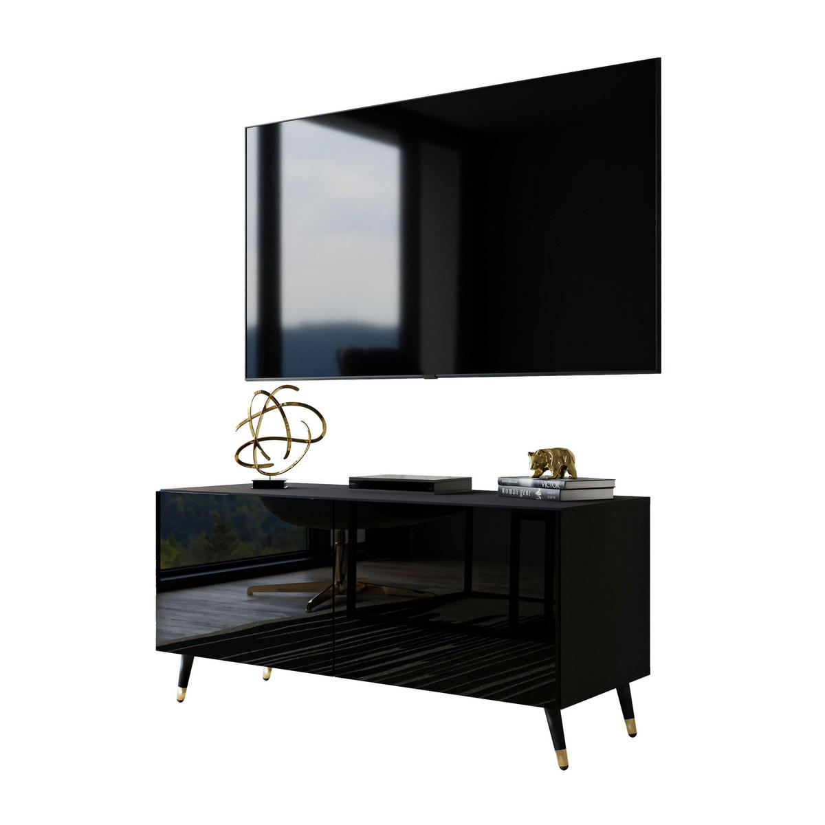 TV-ELEMENT AURA 100 Schwarz Hochglanz – Beinfarbe: Schwarz + Gold - Schwarz, Holzwerkstoff (100/48/40cm) - Lookway