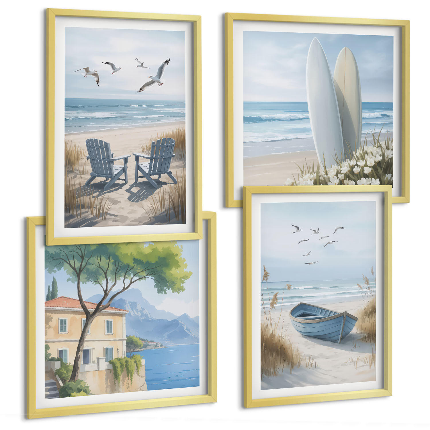 BILDER SET 4er Set - 50x50 cm & 40x60 cm Goldrahmen - Strandbretter, Surfboote, Vögel - Goldfarben, Kunststoff (50/50cm) - TULUP