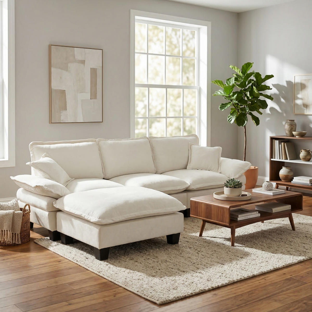 ECKSOFA 263/151/90 cm beige aus Chenille mit Ottomane - Beige, Textil (151/263cm) - OKWISH