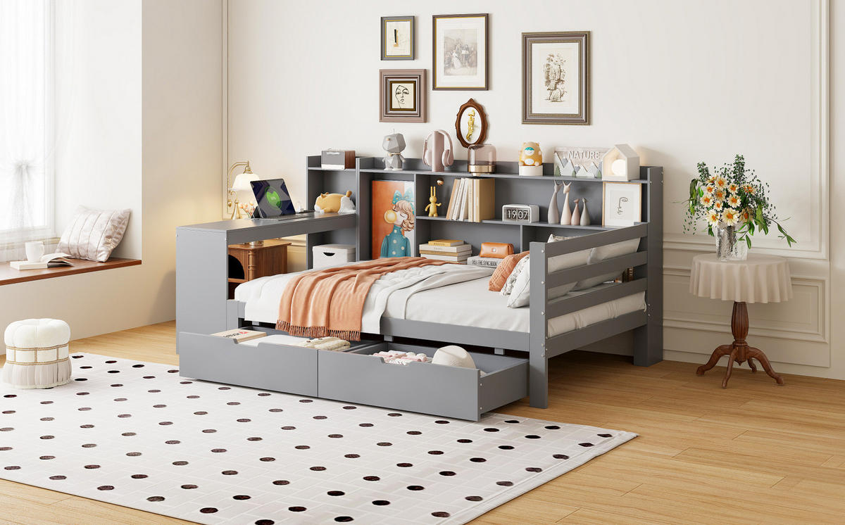 BETT 90/200 cm aus Holz in Grau mit Schreibtisch, Regalen und Steckdose - Grau, Holz (90/200cm) - Flora Grace