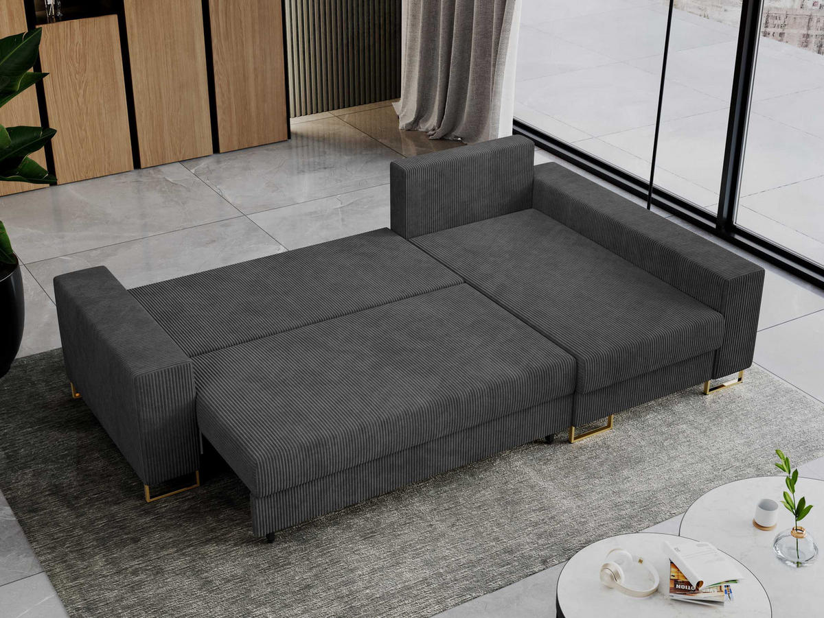 ECKSOFA Dorian Cord Dunkelgrau - Dunkelgrau/Goldfarben, Textil/Metall (242/138cm) - MKS