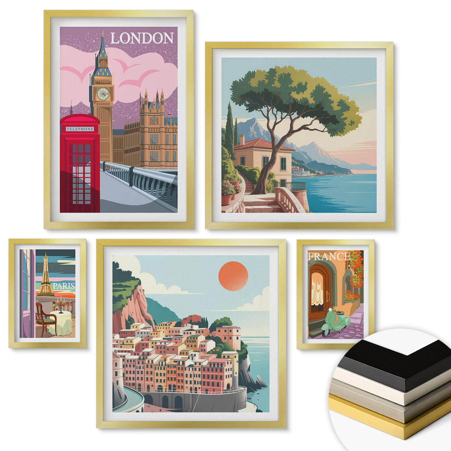 WANDBILDER 5er Set - 50x50 cm & 20x30 cm & 40x60 cm Goldrahmen - Obstposter Zitronen Orangen - Goldfarben, Kunststoff (40/60cm) - ArtPrintCave
