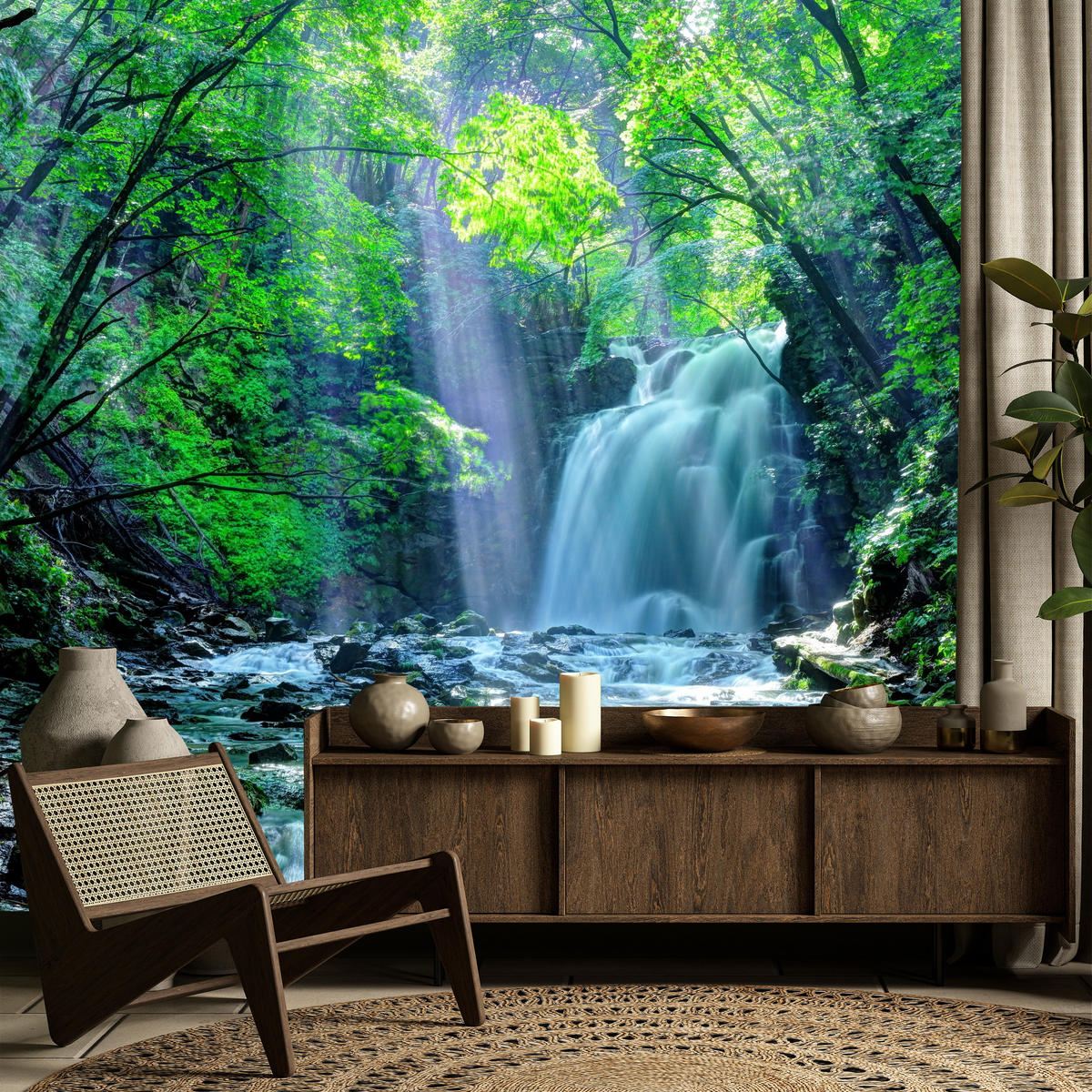 FOTOTAPETE für Schlafzimmer Wasserfall Wald Felsen Bäume Pflanzen 500x350 - Türkis/Blau, Papier (500/350cm) - Muralo