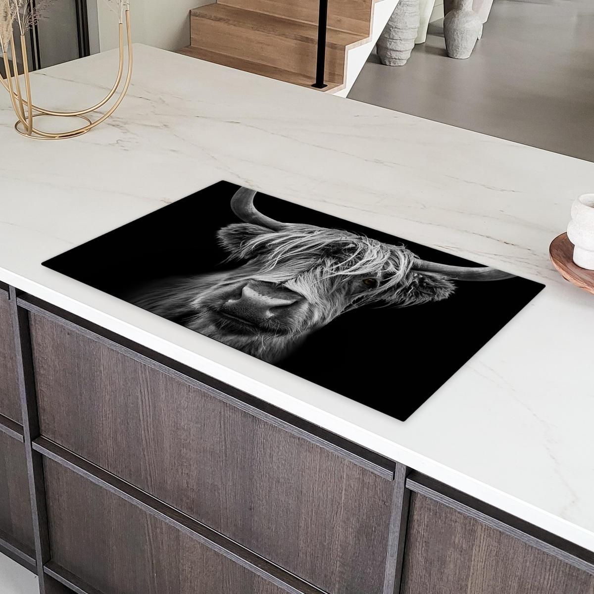 HERDABDECKPLATTE Schottischer Highlander - Hörner - Schwarz - Weiß - Kuh - Wild - Tiere Induktionsschutz 91.6x52.7 cm - Schwarz, Kunststoff (91.6/52.7/0.2cm) - MuchoWow