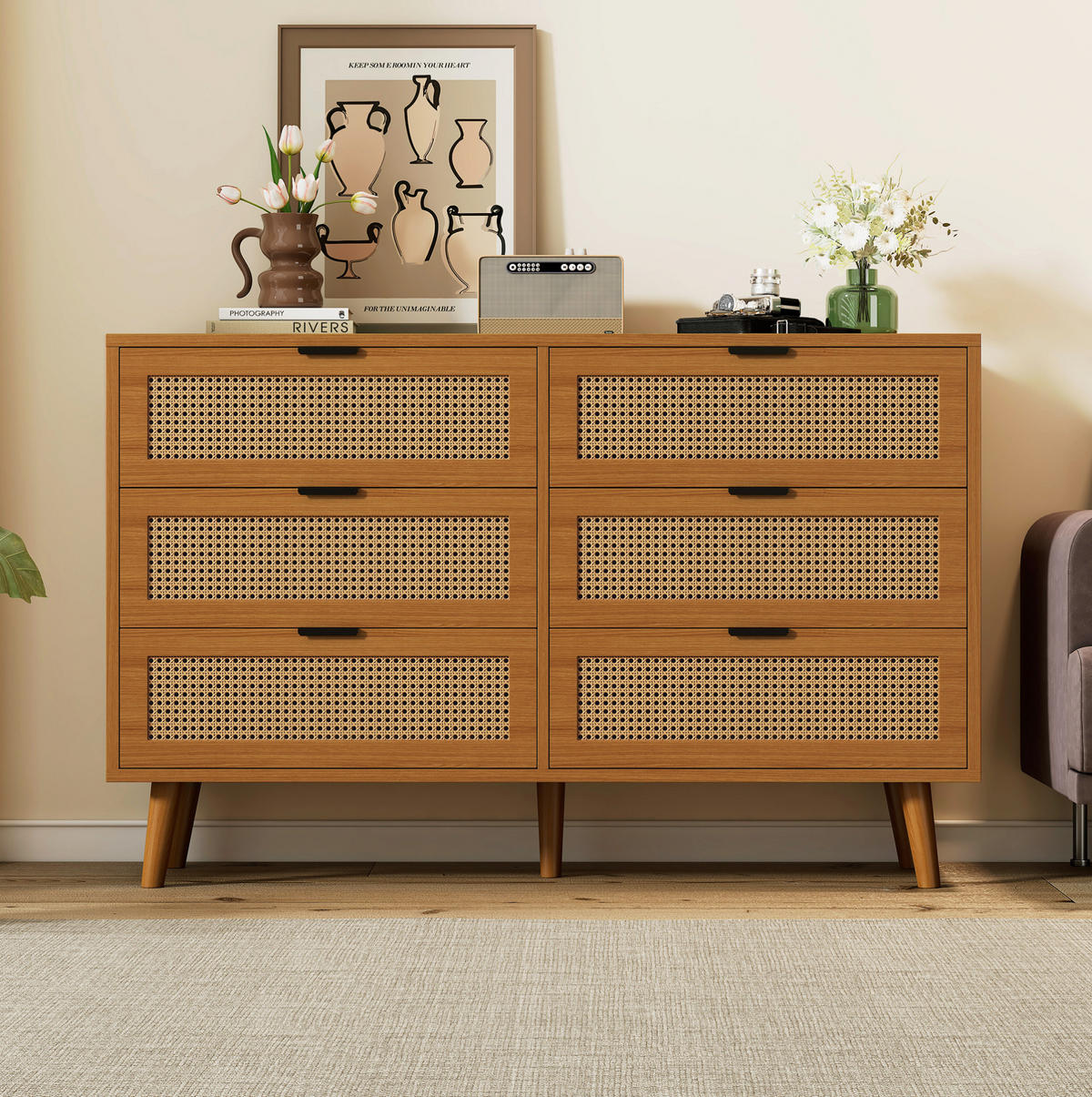 KOMMODE 120/40/76,5 cm mit 6 Schubladen, Metallgriffen und Retro-Design, Walnuss - Naturfarben, Holzwerkstoff (120/76.5/40cm) - Redom