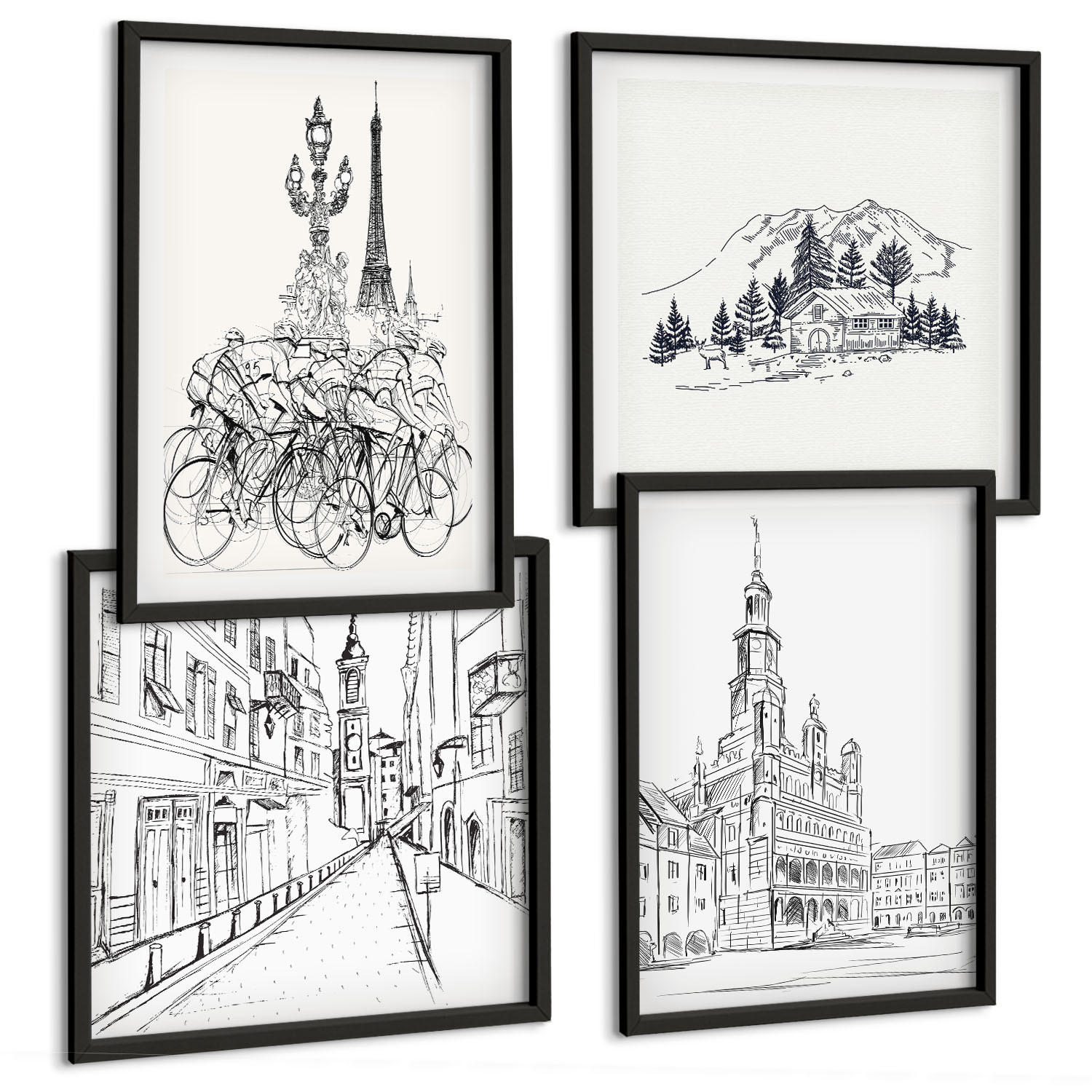 BILDER SET 4er Set - 50x50 cm & 40x60 cm Schwarzer Rahmen - Einfache Zeichnungen von Stadtansichten - Schwarz, Kunststoff (50/50cm) - TULUP