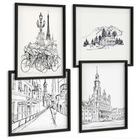 BILDER SET 4er Set - 50x50 cm & 40x60 cm Schwarzer Rahmen - Einfache Zeichnungen von Stadtansichten - Schwarz, Kunststoff (50/50cm) - TULUP