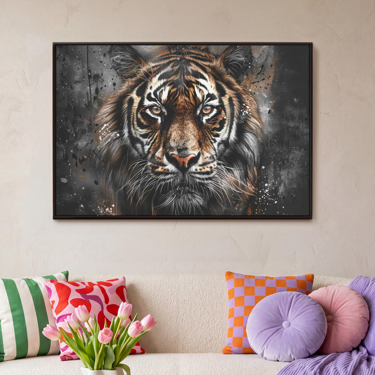 LEINWAND Bilder mit Rahmen - Tiger - Tiere - Porträt - Luxus - Schwarz - 90x60 - Braun, Textil (90/60cm) - MuchoWow