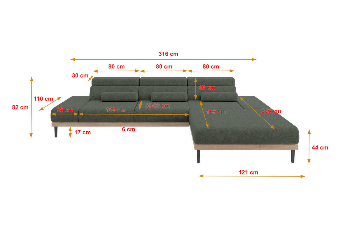 ELEKTRISCHES ECKSOFA Rechts MONA 316x205x85 Grün Velours - Grün, Holzwerkstoff/Textil (316/205cm) - ALTDECOR