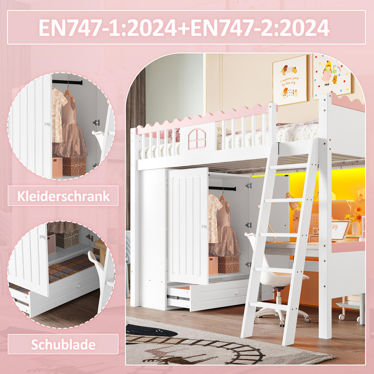 HOCHBETT 90/200 cm Weiß mit Kleiderschrank, Schublade und LED-Beleuchtung - Weiß, Holz (90/200cm) - Flora Grace