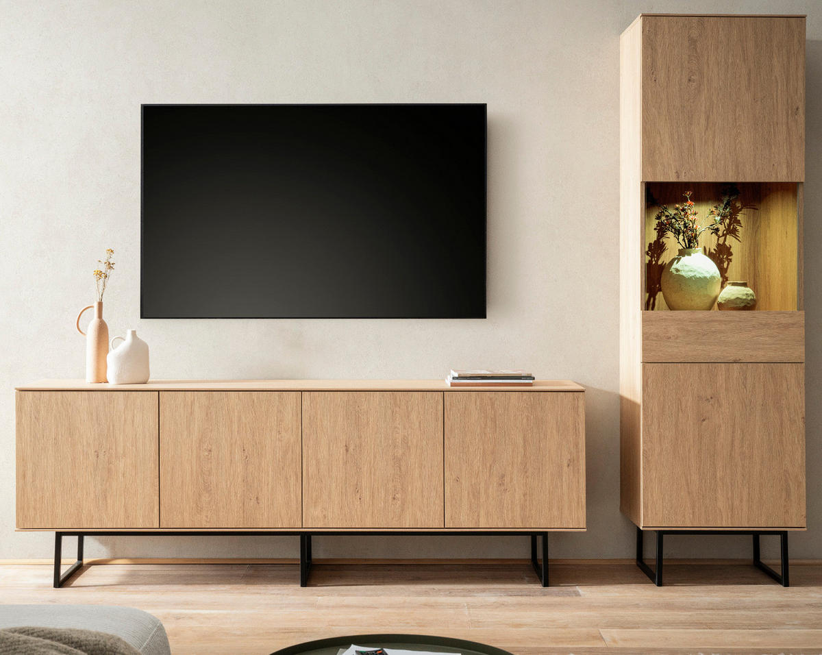 WOHNWAND in Eiche Dekor, Wohnzimmer Set mit TV Lowboard 200 cm und Vitrinenschrank, Push-Open-Funktion - Eichefarben/Schwarz, Holzwerkstoff/Metall (270/200/40cm) - Furn.Design