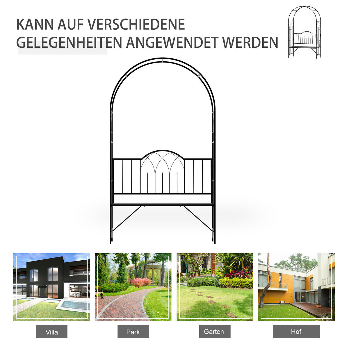 ROSENBOGEN mit Bank, 115 x 59 x 203 cm, Metall, Schwarz - Schwarz, Metall (115/203/59cm) - Outsunny