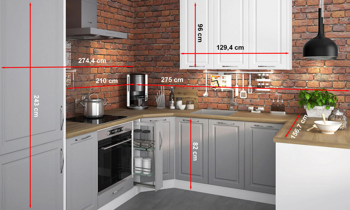 U-FORM KÜCHENZEILE 11-tlg Elbing Weiß / Grey Stone 275 / 274,4 / 243cm - Blum Teilauszug - Weiß/Grau, Holzwerkstoff/Metall (275/243/274.4cm) - Feldmann-Wohnen