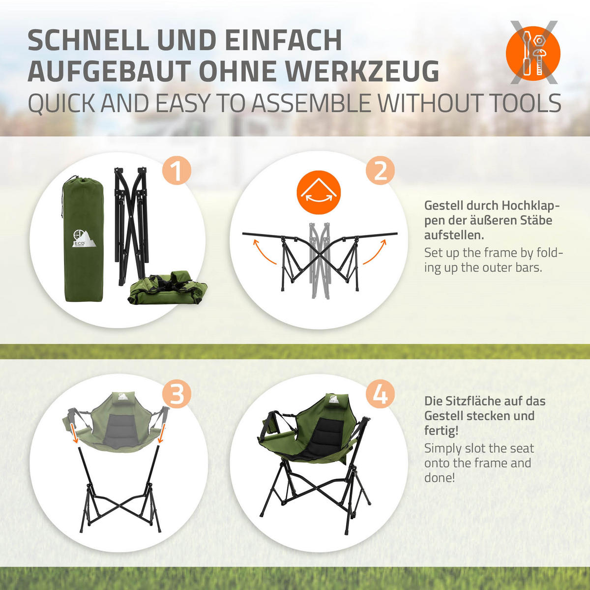 CAMPING-SCHAUKELSTUHL faltbar Khaki mit Stahlgestell 82x105x107 cm - Grün, Textil (105/107/82cm) - ECD-Germany