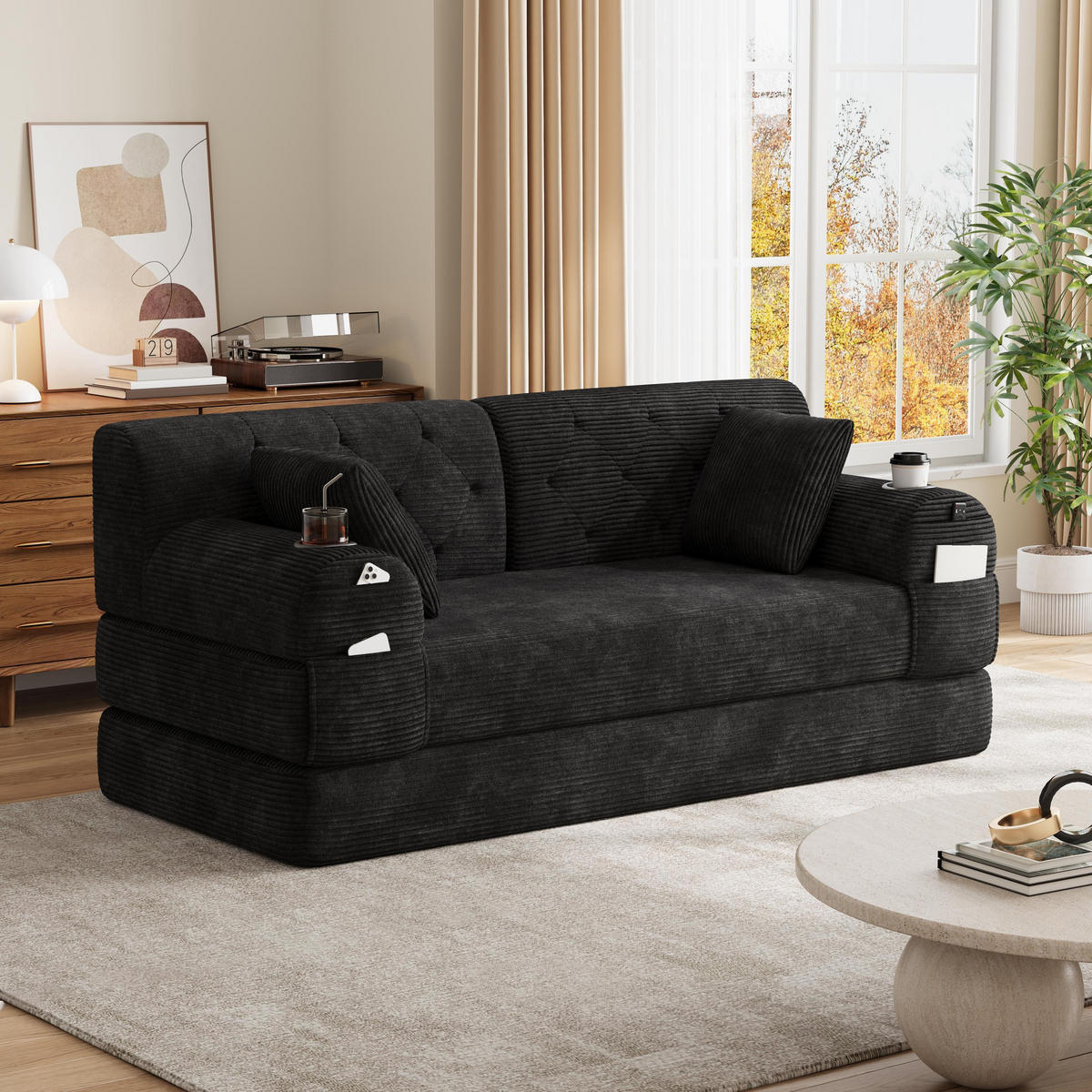 2-SITZER-SOFA – Cord, Metallrahmen, Becherhalter, kompakt, Schwarz - Schwarz, Textil (80/81/168cm) - KOMHTOM