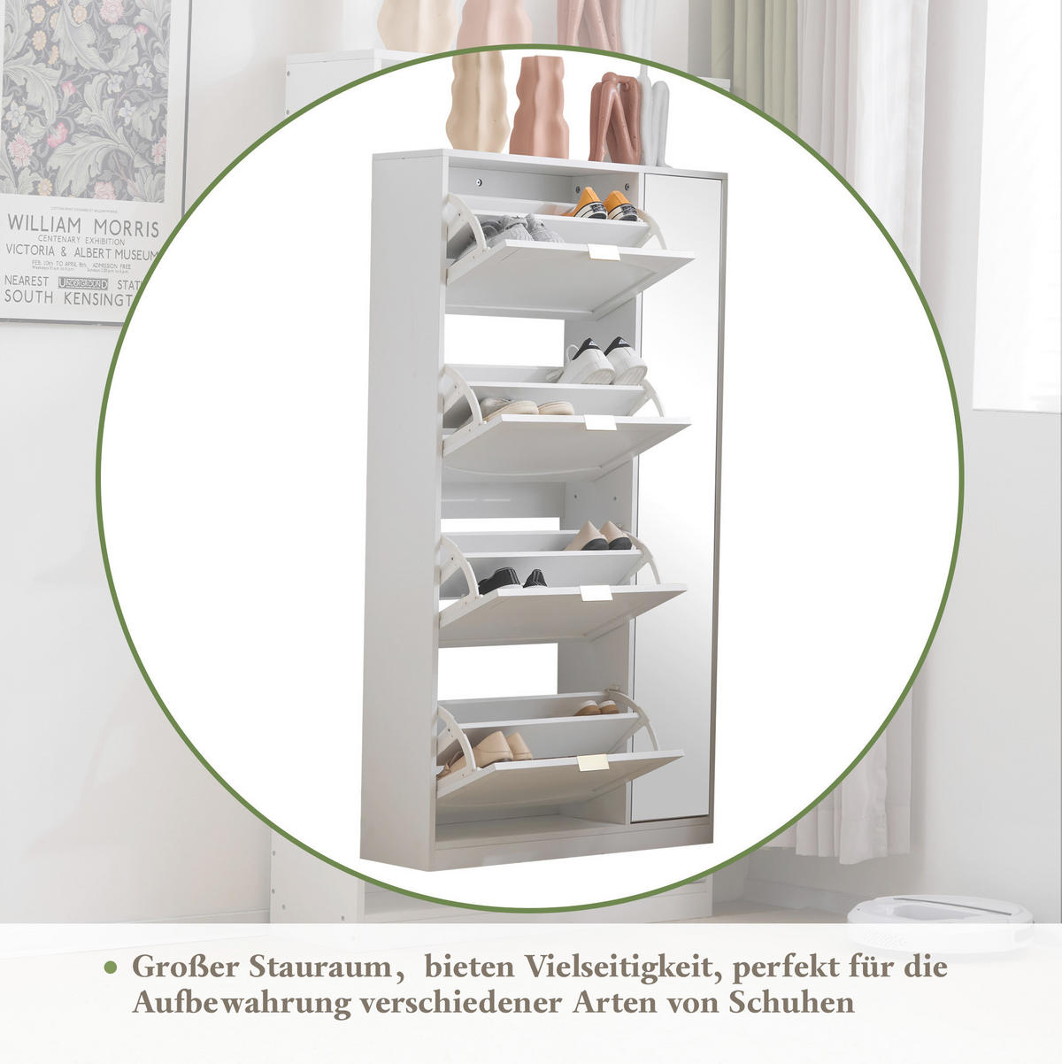 SCHUHSCHRANK 24/80/147 cm mit Spiegeltüren, 4 Klappen und verstellbaren Einlegeböden, Weiß - Weiß, Holzwerkstoff (80/147/24cm) - Redom