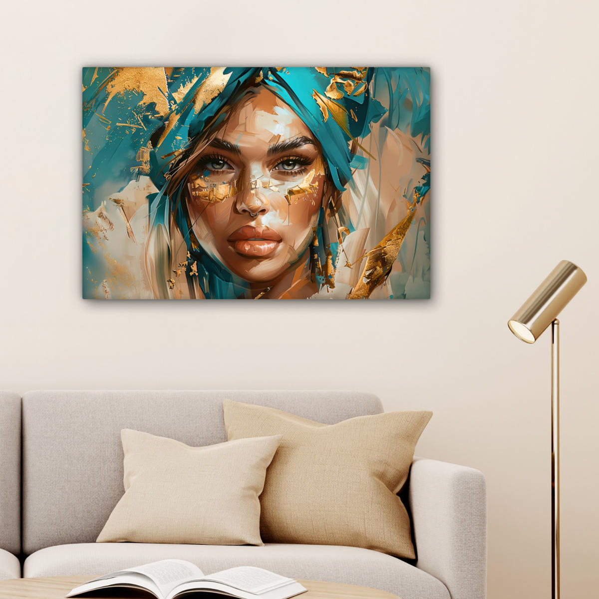 LEINWANDBILD - Frau - Porträt - Gold - Luxus - Blau - 60x40 - Wanddeko Schlafzimmer - Türkis, Textil (60/40cm) - MuchoWow