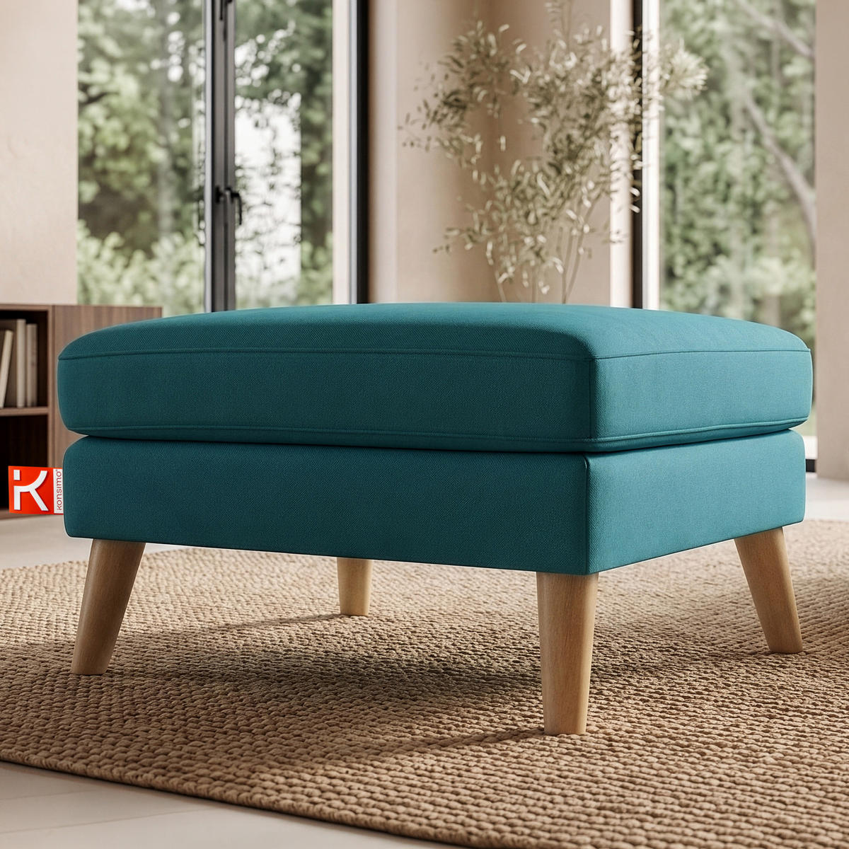 SITZHOCKER TAGIO Pouffe, türkis - Türkis/Braun, Buchenholz/Textil (65/46/80cm) - KONSIMO®