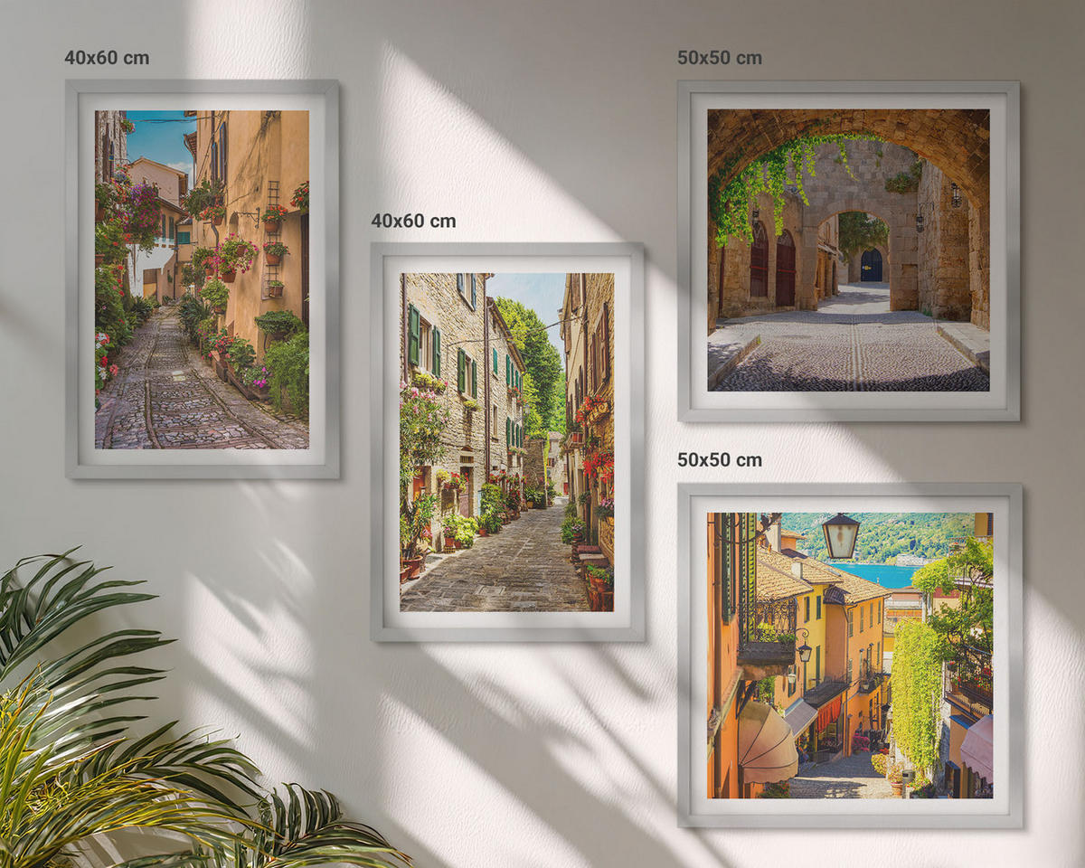WANDBILDER 4er Set - 50x50 cm & 40x60 cm Silberner Rahmen - Italienische Straßen, Blumen, Architektur - Silberfarben, Kunststoff (50/50cm) - ArtPrintCave