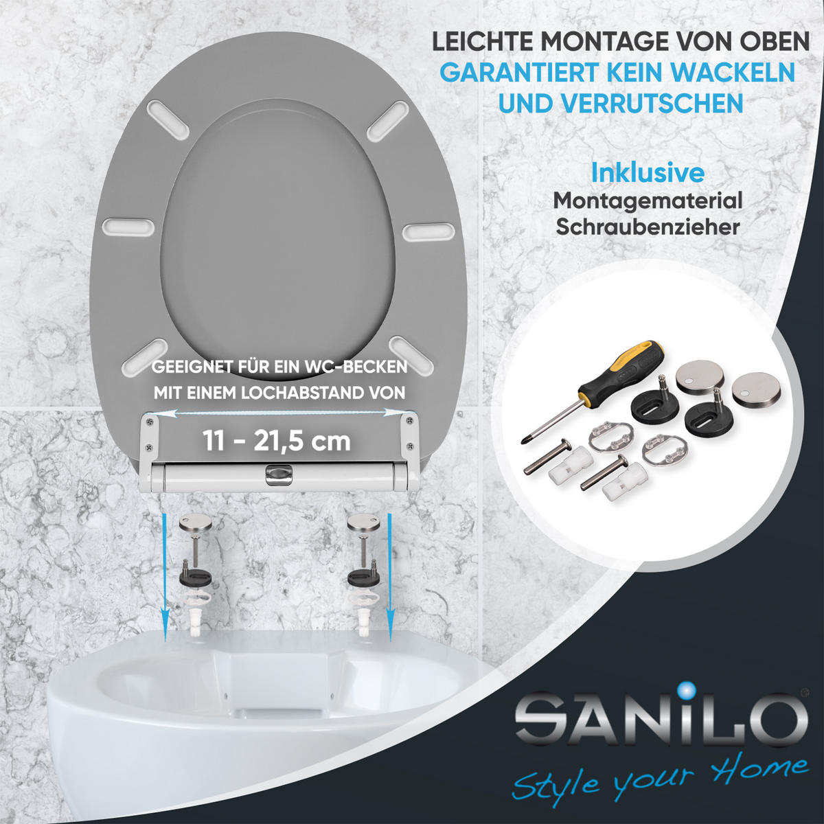 WC-SITZ mit Absenkautomatik & Top Fix Manhattan Grau - Grau, Holzwerkstoff (37.7/5.5/48cm) - Sanilo