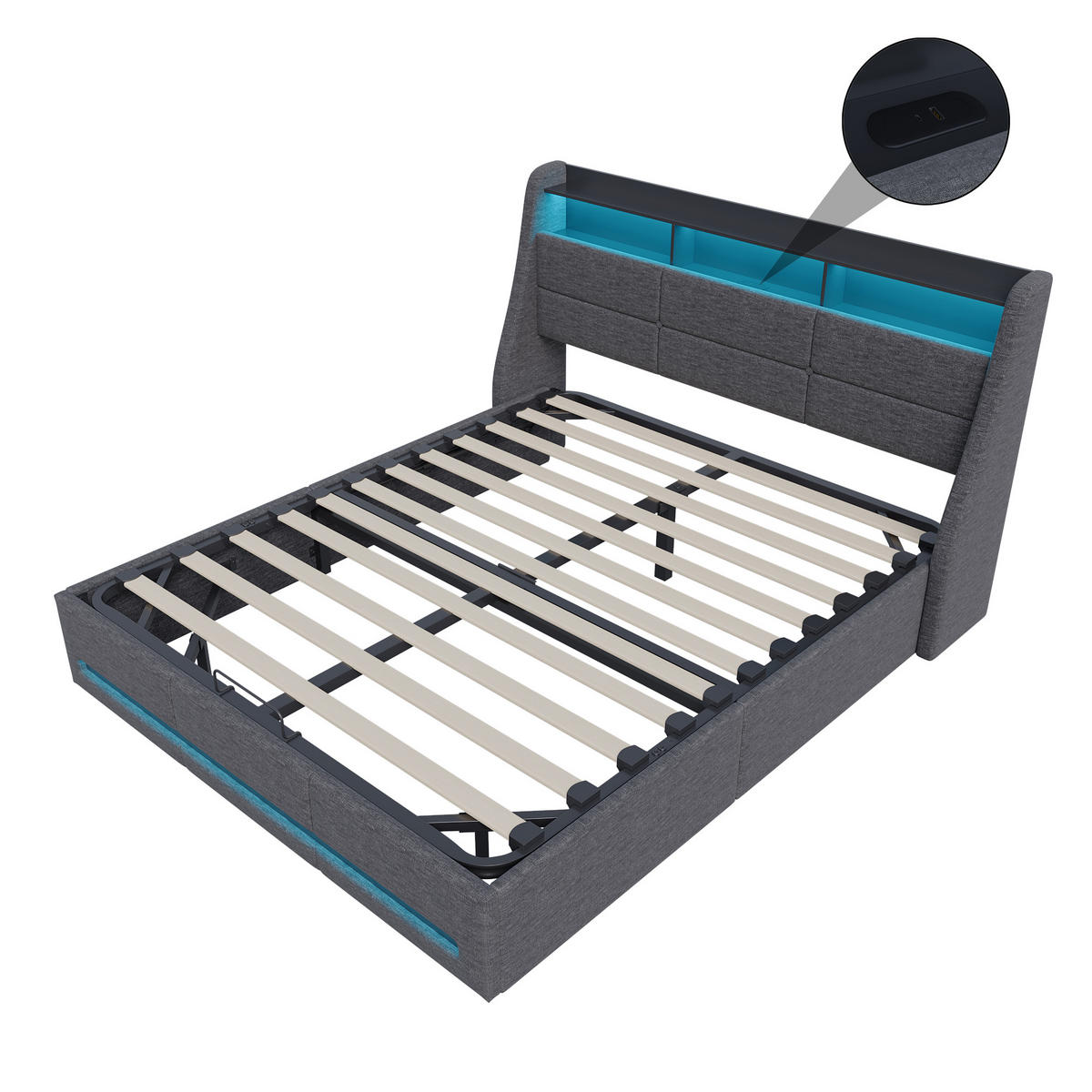 POLSTERBETT 140x190 cm mit Stauraum, LED-Kopfteil, USB & Lattenrost, grau - Grau, Holz (140/190cm)