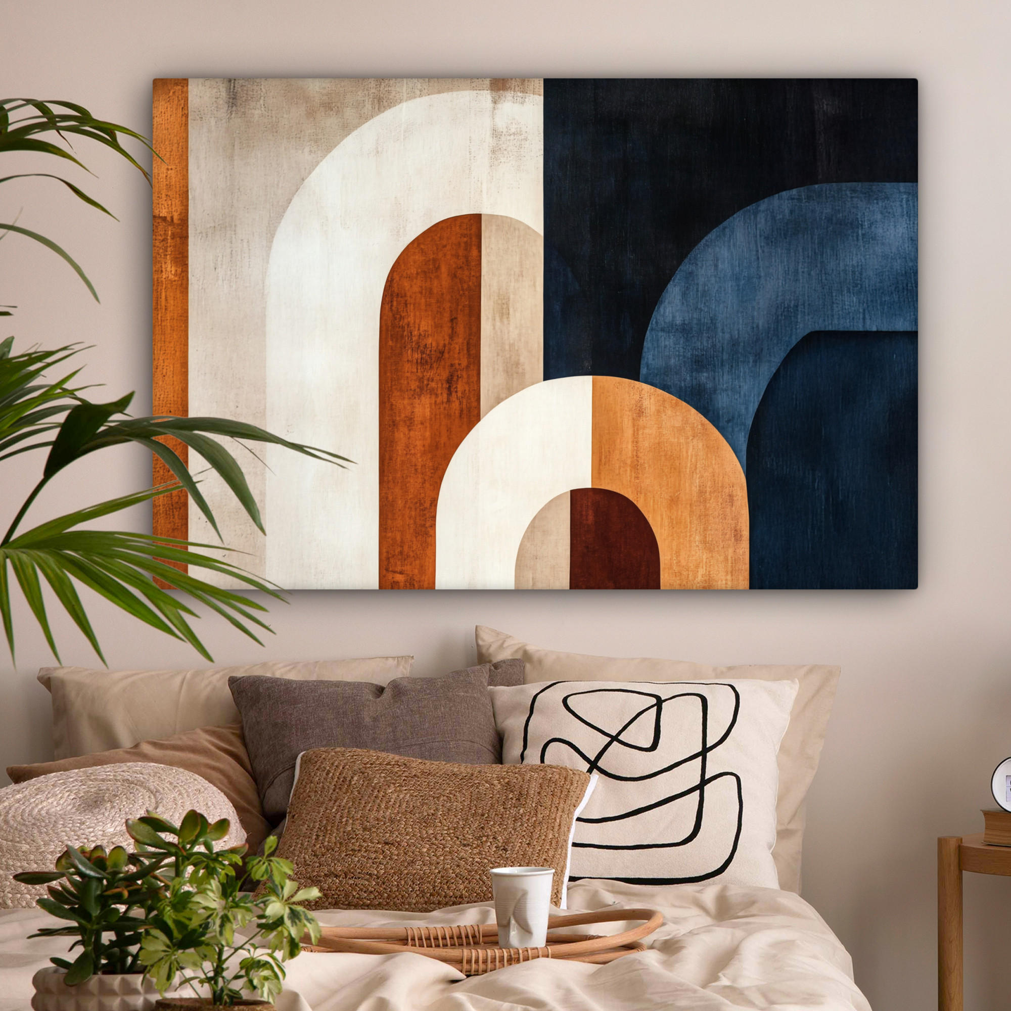 LEINWANDBILD Abstrakt - Formen - Dunkelblau Groß 140x90 cm - Cognac, Textil (140/90cm) - MuchoWow