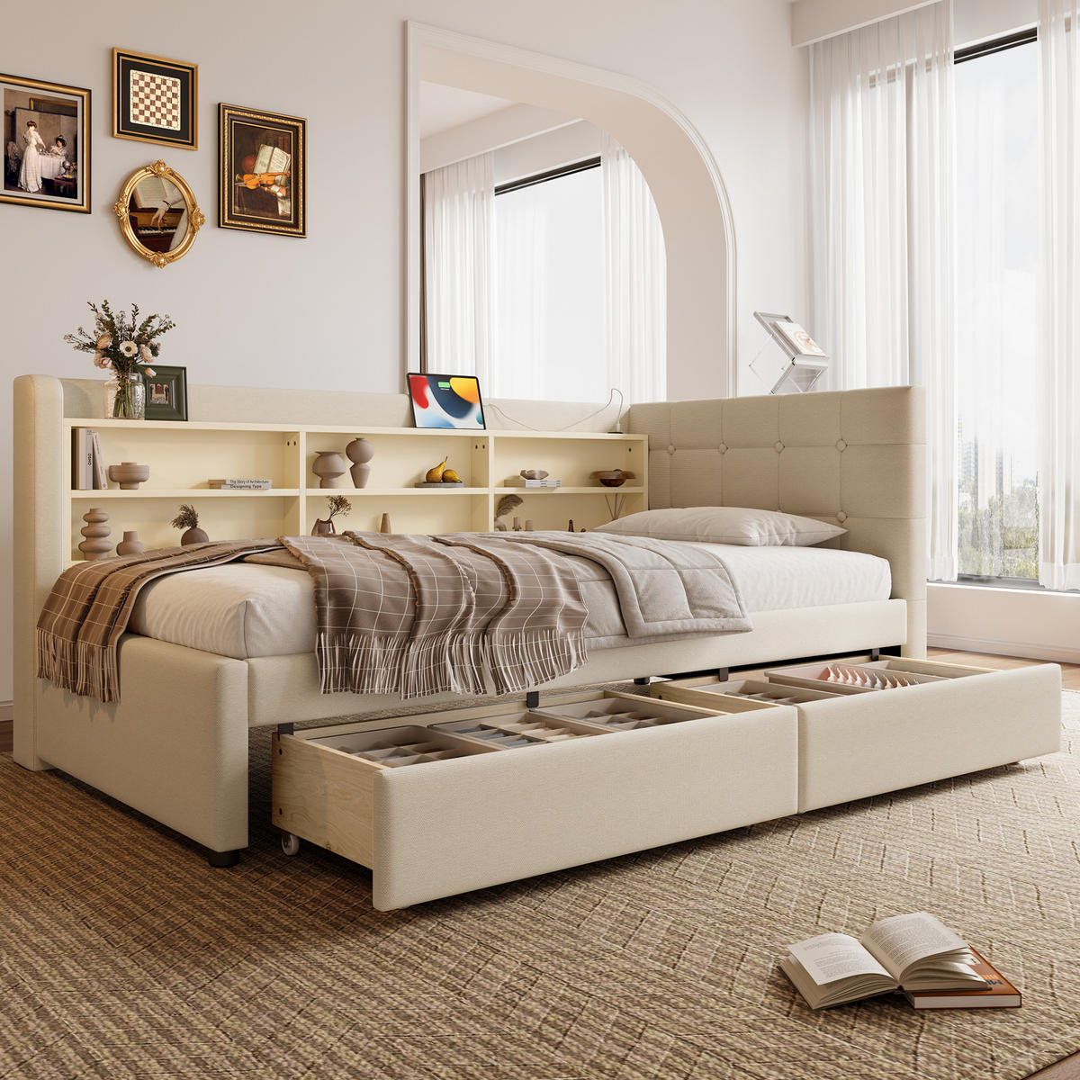 POLSTERBETT 90/200 cm mit Schubladen, USB-C und gepolstertem Kopfteil in Beige - Beige, Textil (90/200cm) - BEAOK