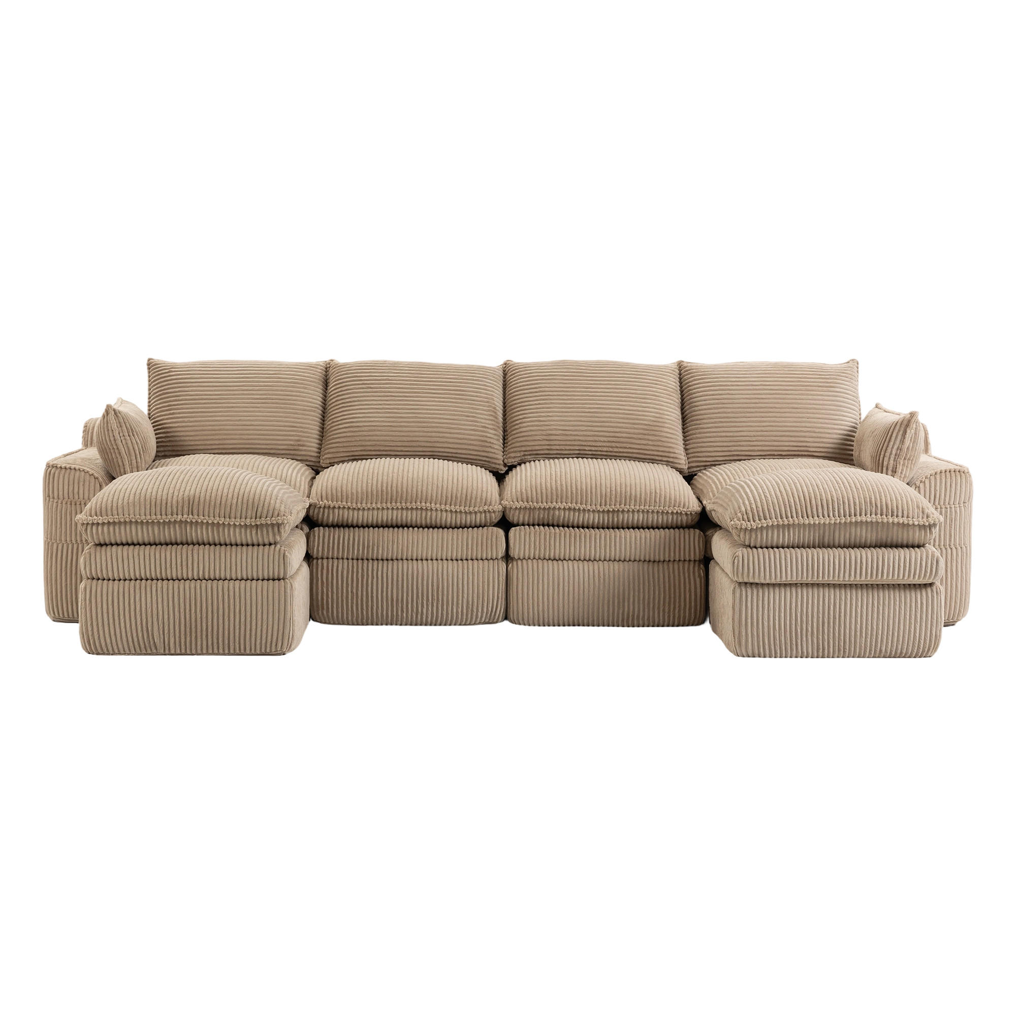 WOHNLANDSCHAFT Cord Khaki mit Kissen, Hocker und Seitentaschen - Hellbraun, Textil (335/85/167cm) - WISHDOR