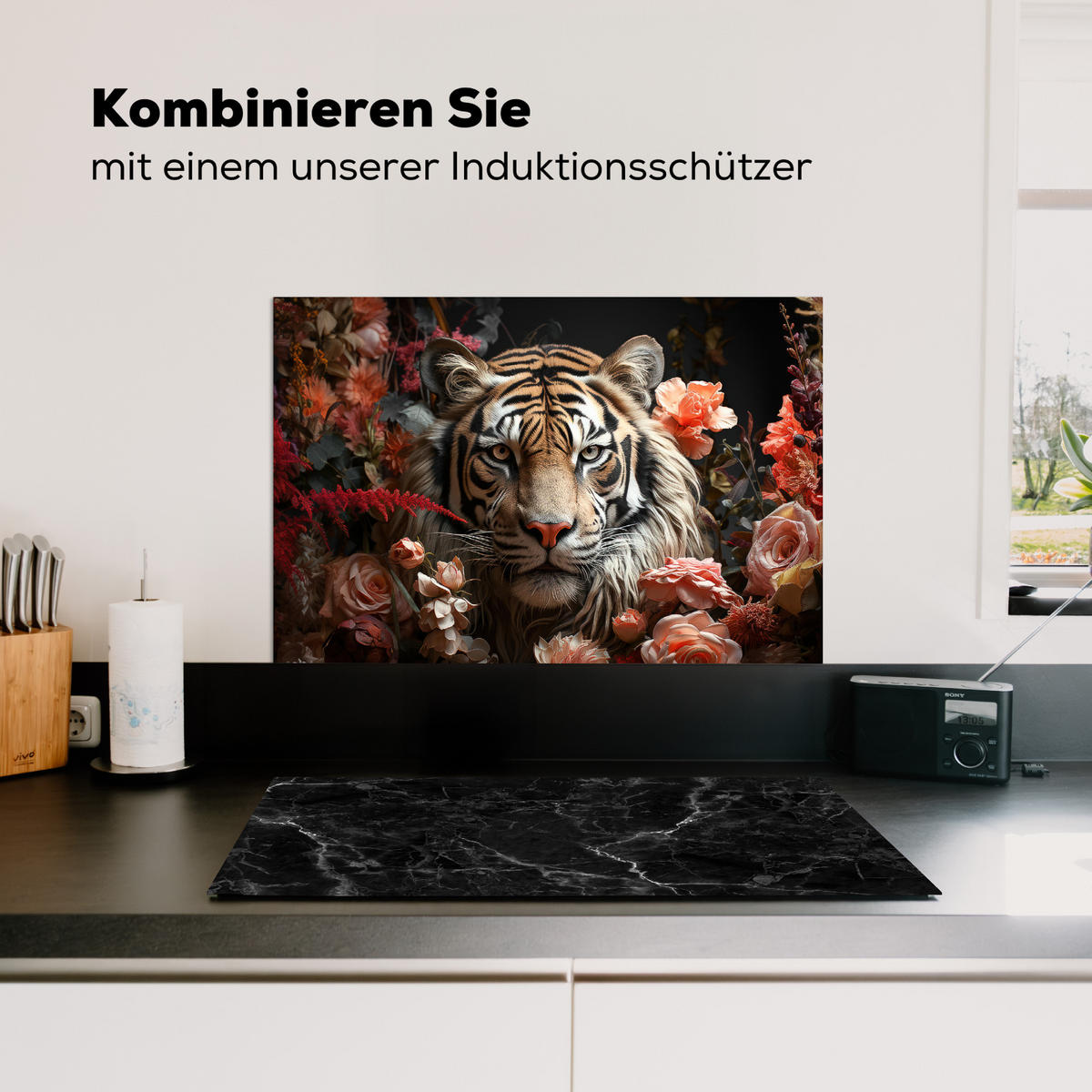 SPRITZSCHUTZ KÜCHE Tiger - Tier - Natur - Floral - Botanisch 70x50 cm - Orange, Metall (70/0.3/50cm) - MuchoWow