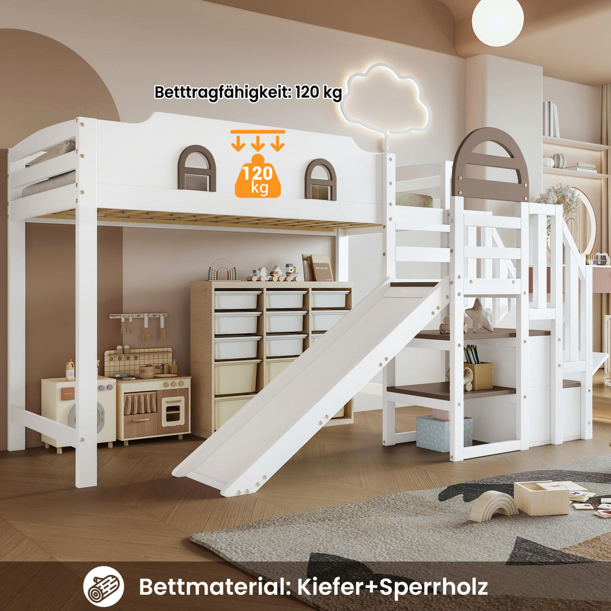ETAGENBETT mit Fenstern, Rutsche und Stauraumtreppe, Weiß, 90/200 cm - Weiß, Holz (90/200cm) - MIVRAY