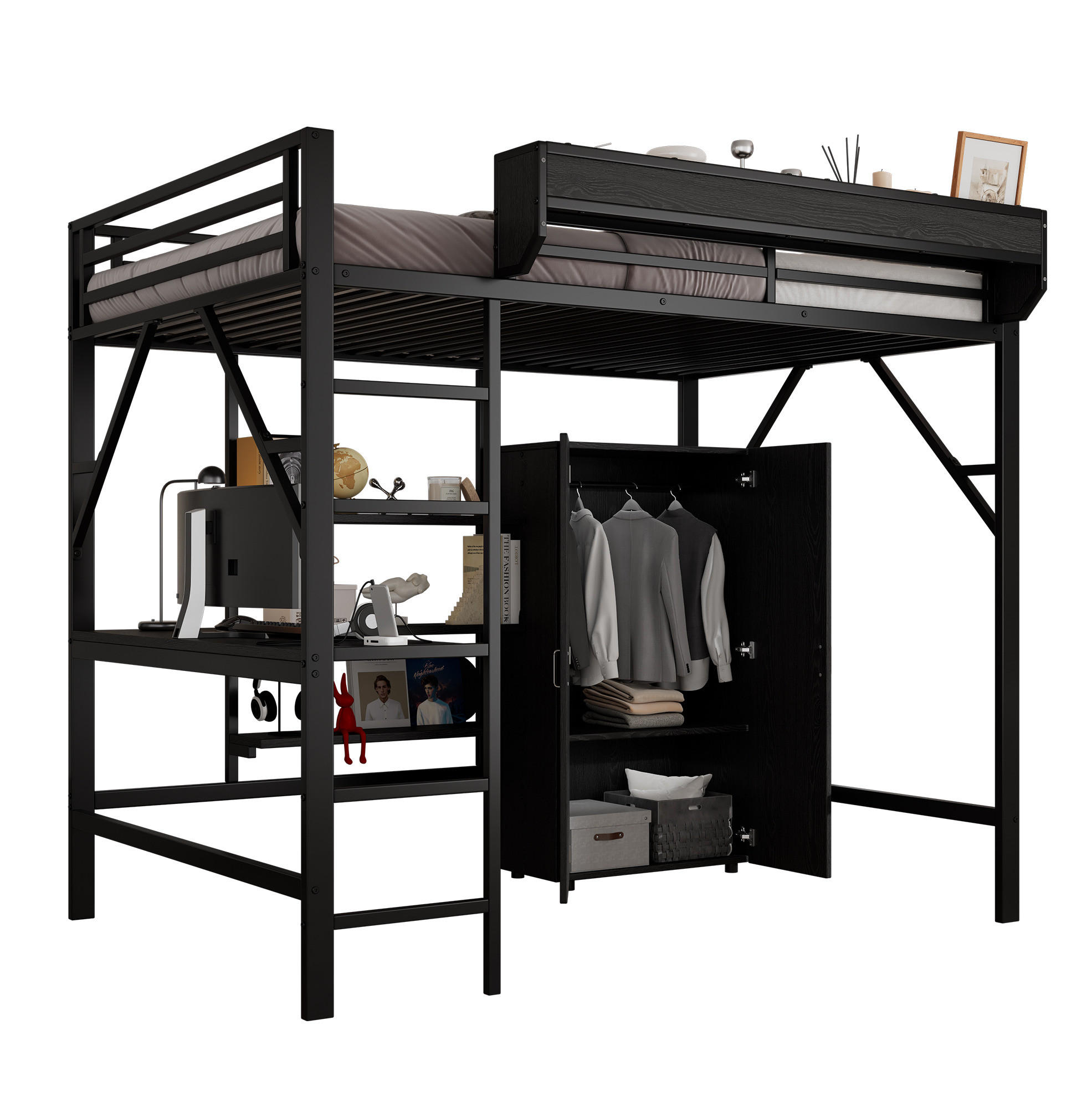 HOCHBETT 140/200 cm aus Metall und MDF mit Schreibtisch und Kleiderschrank Schwarz - Schwarz, Holzwerkstoff (140/200cm) - Modenvie