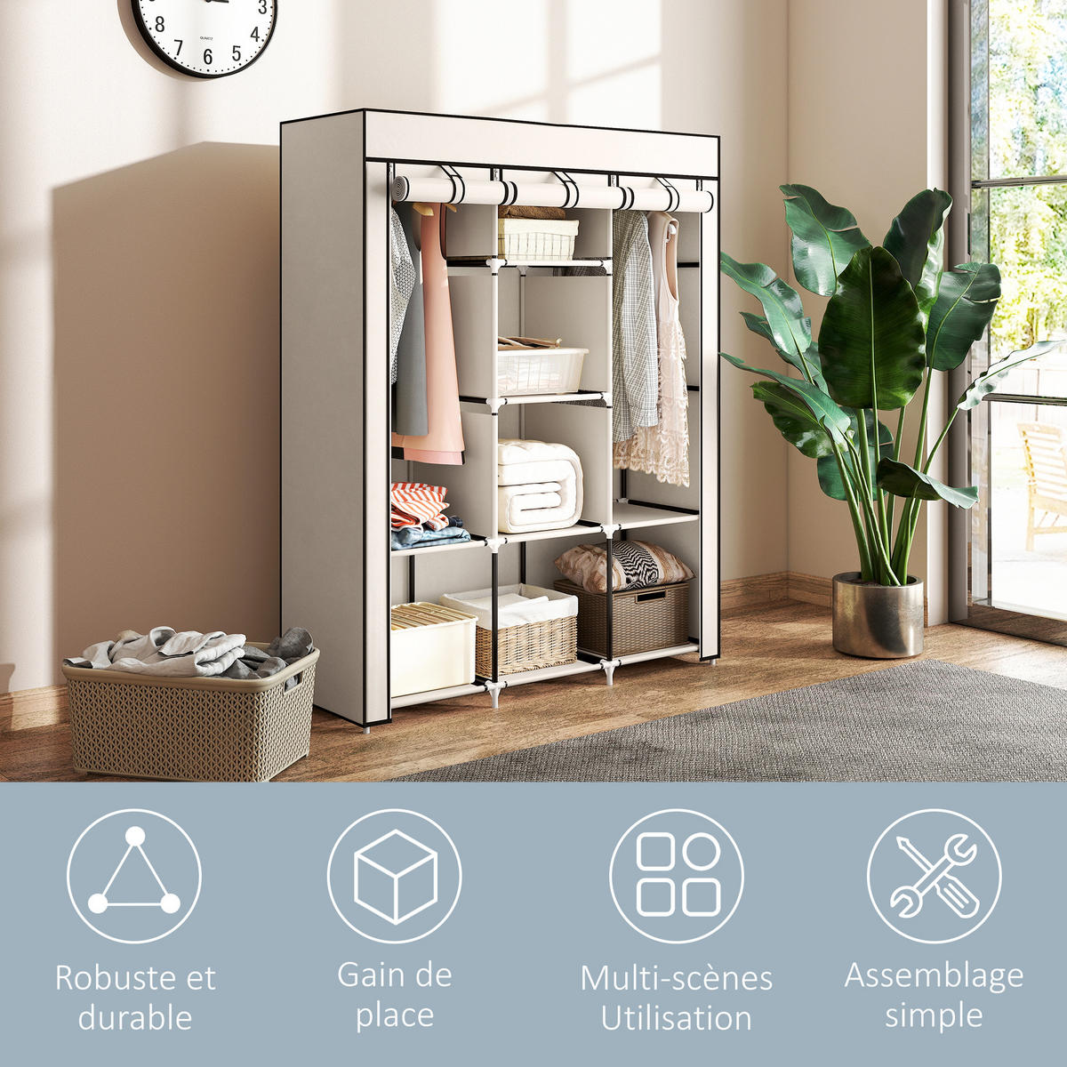 STOFFSCHRANK DE-17214 8 Böden & 2 Kleiderstangen Creme - Creme, Metall (43/162.5/125cm) - ComfortXL