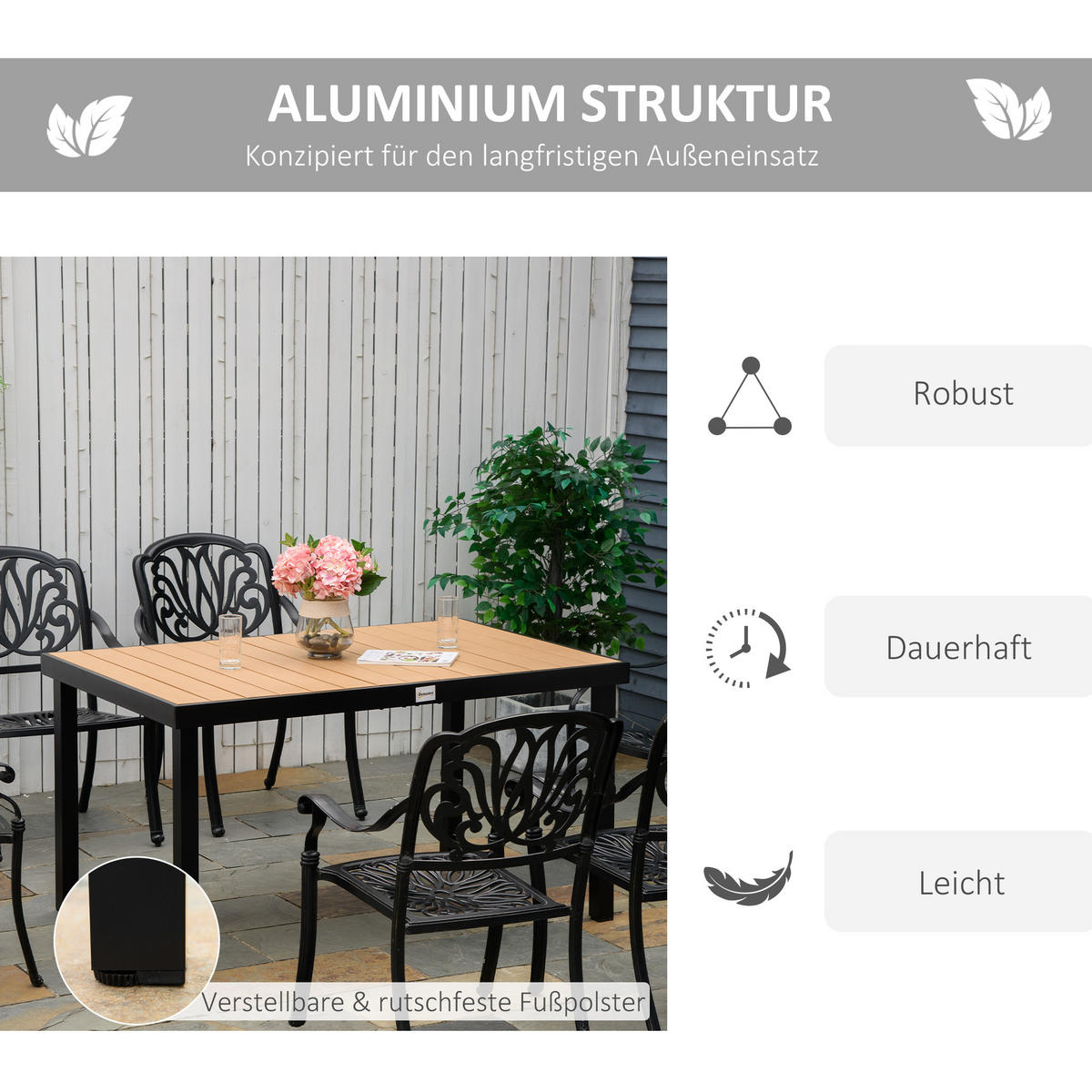 GARTENTISCH, Naturholz, Aluminium - Naturfarben, Kunststoff/Metall (140/90/74cm) - Outsunny