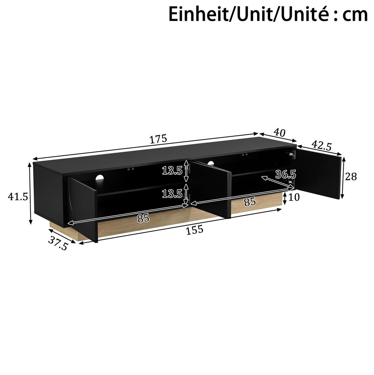 TV-ELEMENT mit 4 Türen 175 x 40 x 41,5 cm Schwarz Holzoptik - Schwarz, Holzwerkstoff (40/41.5/175cm) - Beauniv
