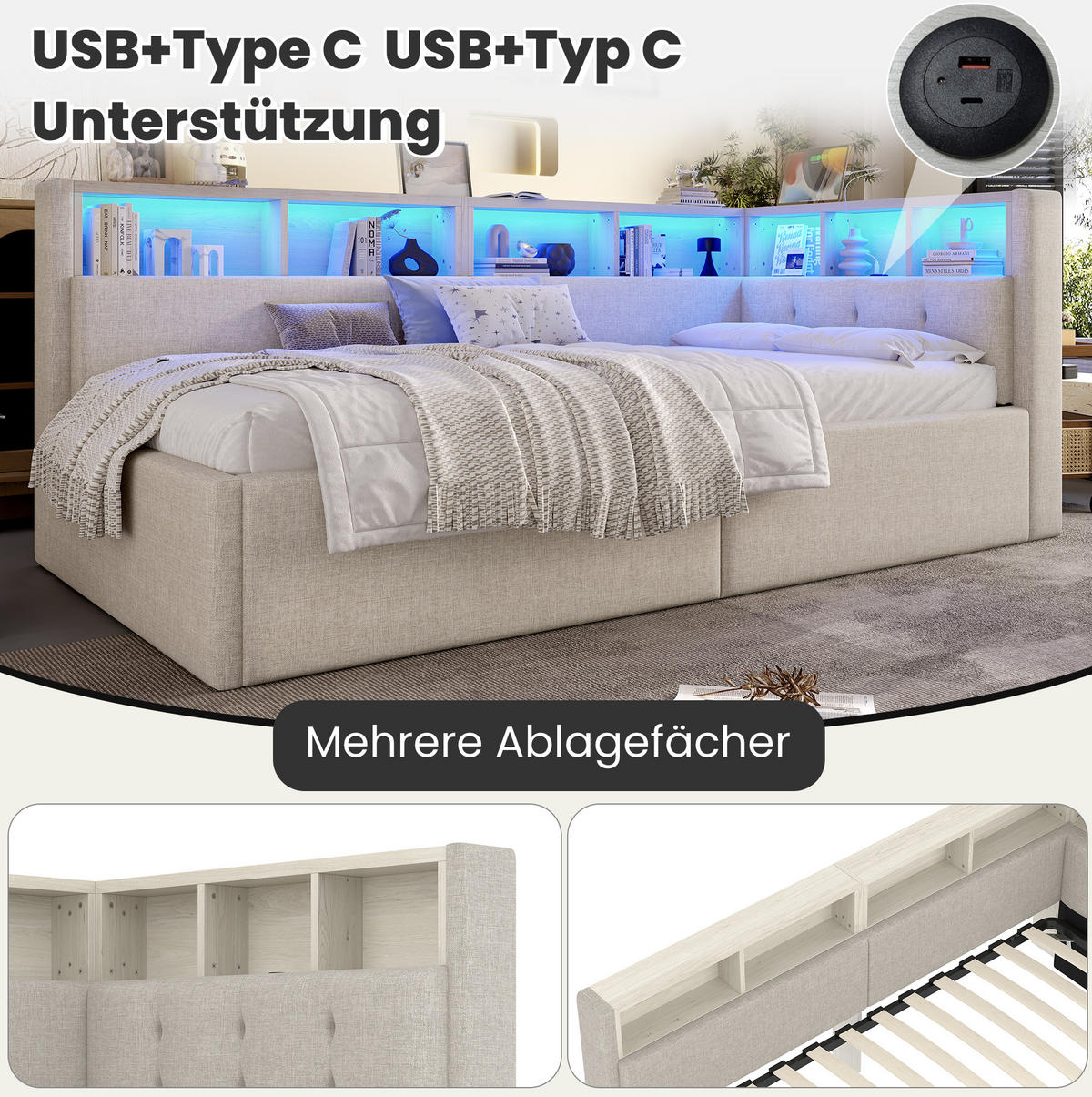 BETT 90/200 cm in Beige mit Stauraum und LED-Beleuchtung - Beige, Textil (90/200cm) - Flora Grace