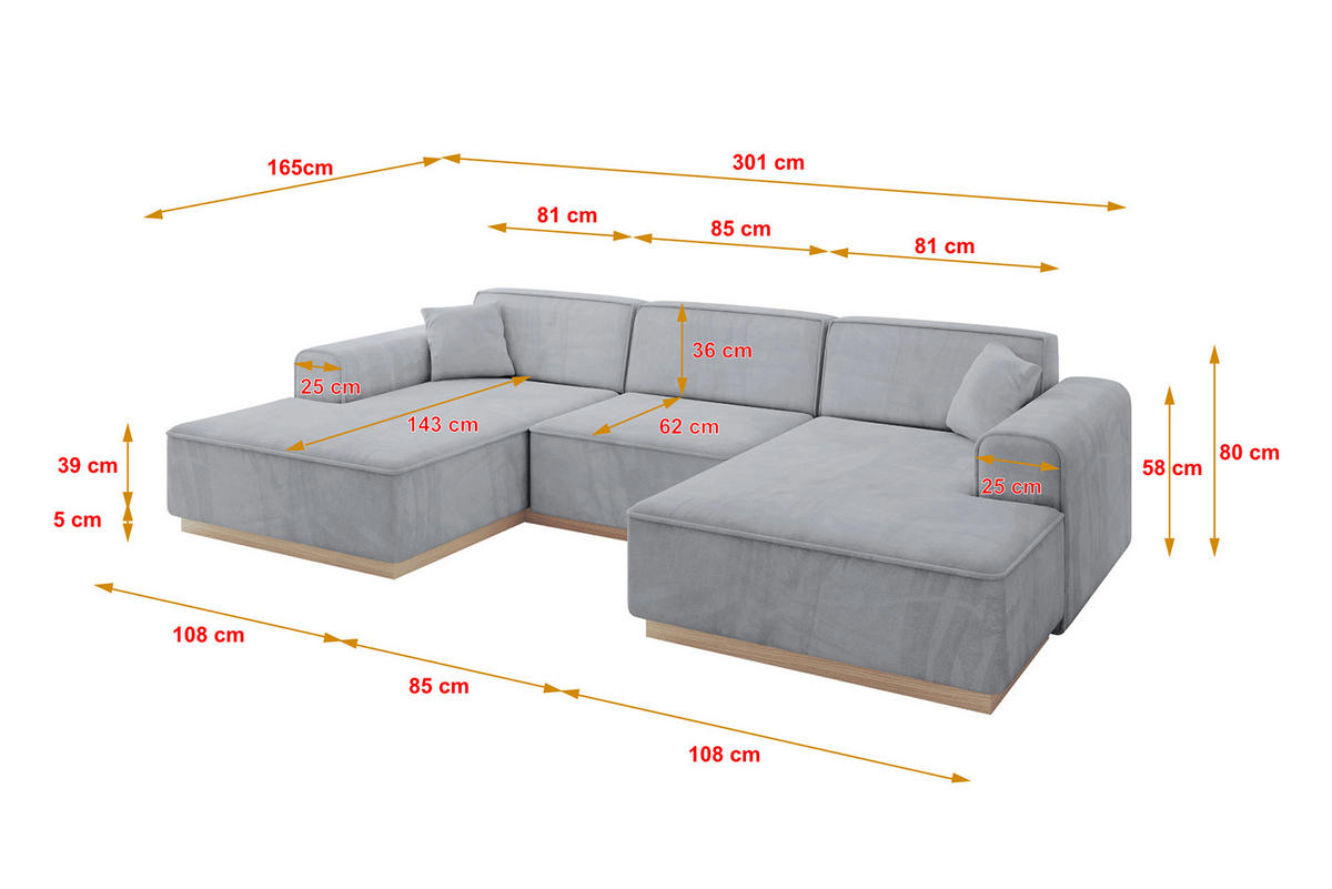 WOHNLANDSCHAFT IREA-U1 - 301x165x80 cm Grau - Titanfarben, Holzwerkstoff/Textil (301/80/165cm) - ALTDECOR