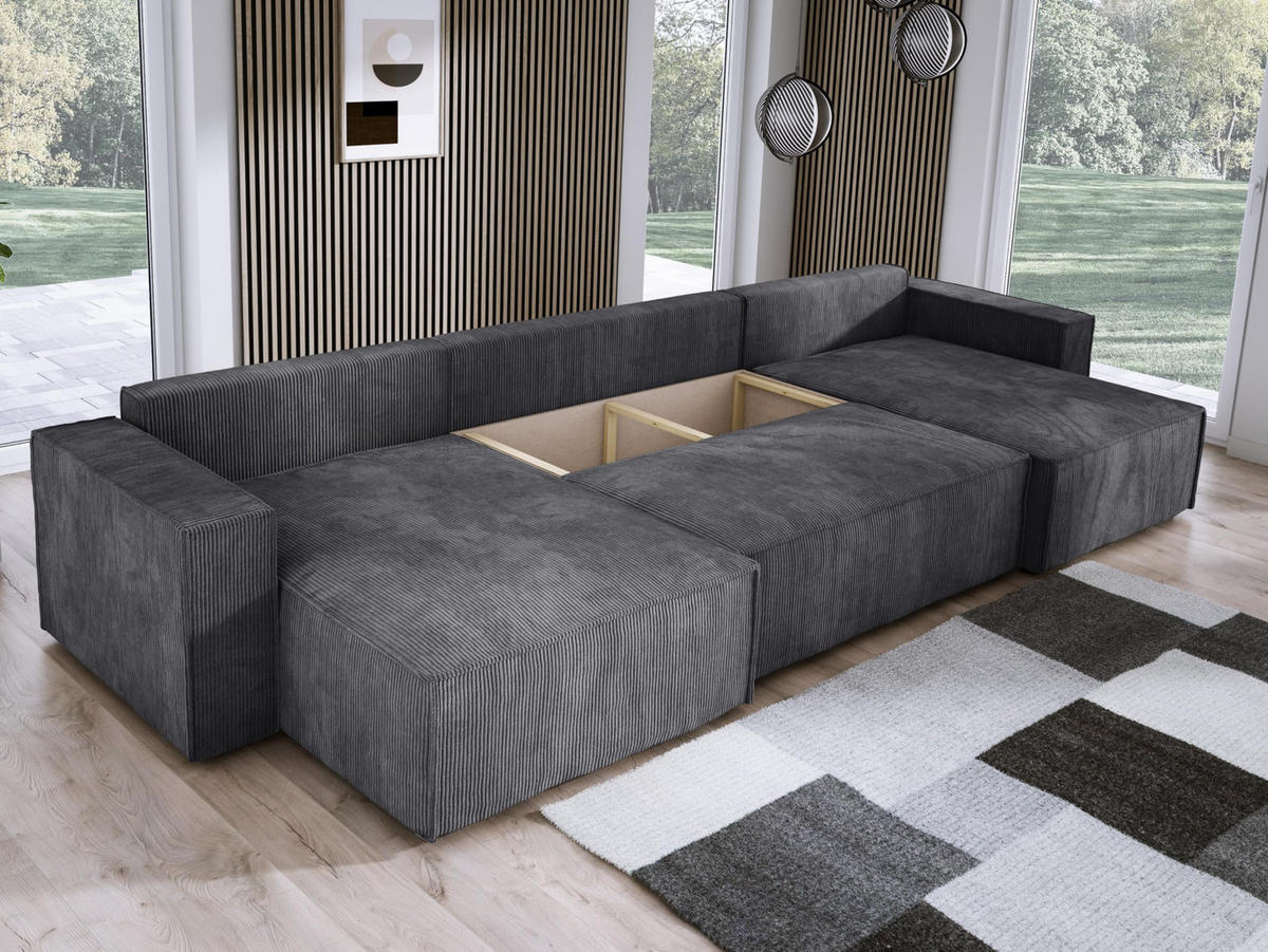 ECKSOFA Poso XXL U-förm, Schlaffunktion, weiche Kissen, Bettkasten, hochwertige Polsterung, lose Rückenkissen, freistehend, 377x143x83 cm Graphite - Graphitfarben, Holz/Textil (377/83/143cm) - DomoHome