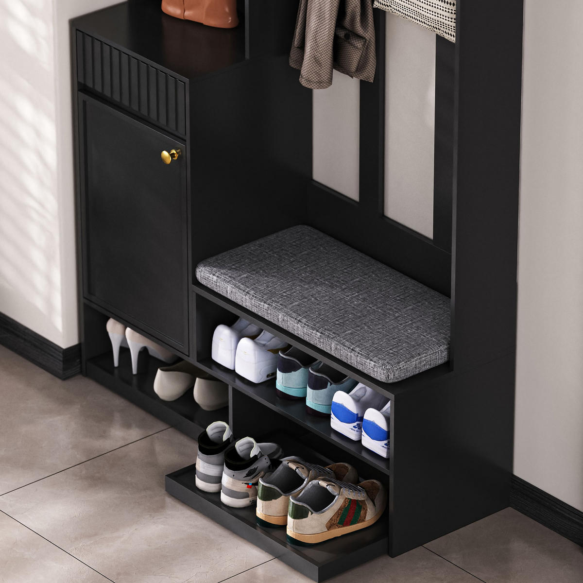 GARDEROBE 100/180/35 cm Schwarz aus MDF mit Sitzbank - Schwarz/Grau, Holzwerkstoff (35/180/100cm) - OKMYHOME