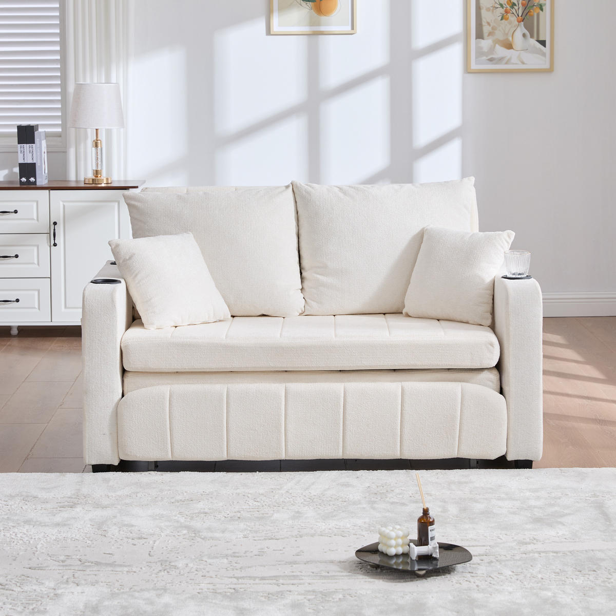 SCHLAFSOFA 139/83/58 cm ausziehbar mit Bettfunktion, Armlehnentaschen und Chenille-Bezug, Beige - Beige, Textil (139/83/73cm) - Redom