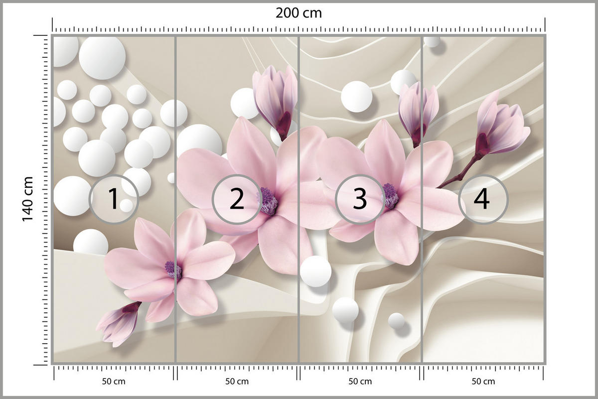FOTOTAPETE für Wohnzimmer BLUMEN Magnolien ROSA Welliges Raumhintergrund 200x140 - Beige/Rosa, Papier (200/140cm) - Muralo