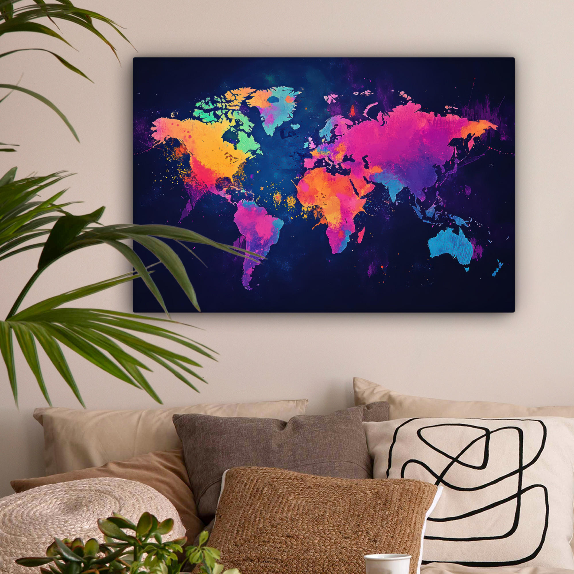 LEINWANDBILD Weltkarte - Bunt - Graffiti Wanddeko 90x60 cm - Multicolor, Textil (90/60cm) - MuchoWow