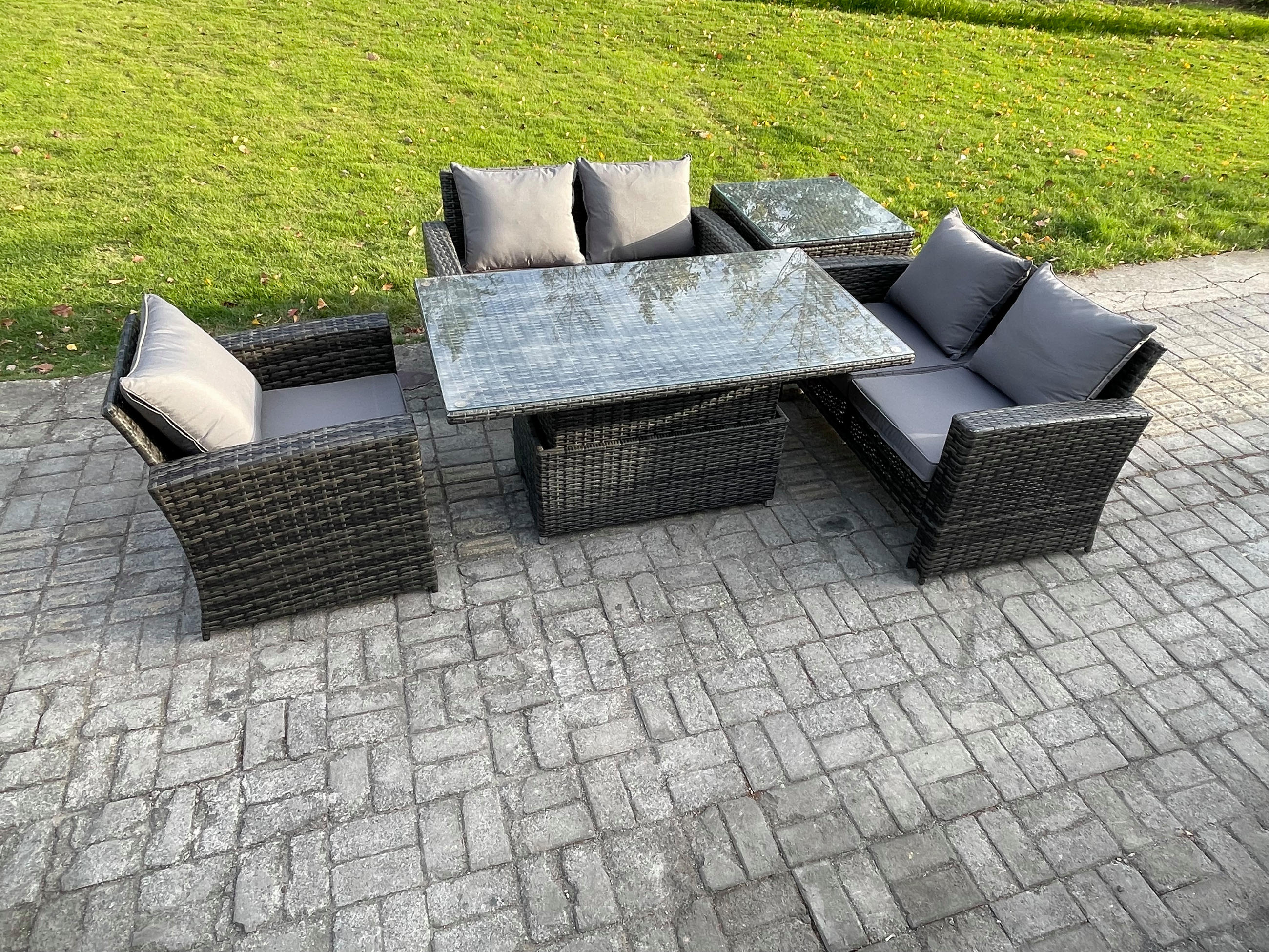 GARTENMÖBEL SET mit höhenverstellbarer Tisch Polyrattan Dunkelgrau 5-Sitzer - Dunkelgrau, Metall - Fimous