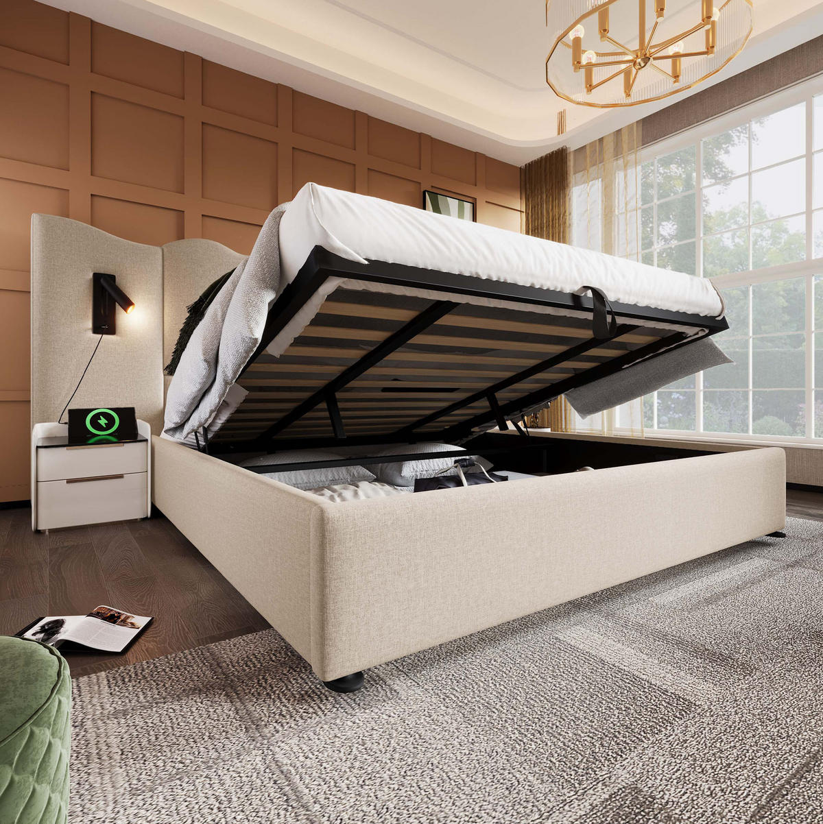 POLSTERBETT mit Bettkasten 180/200 cm, mit Leselampe und USB-C, Beige - Beige, Textil (180/200cm) - BEAOK