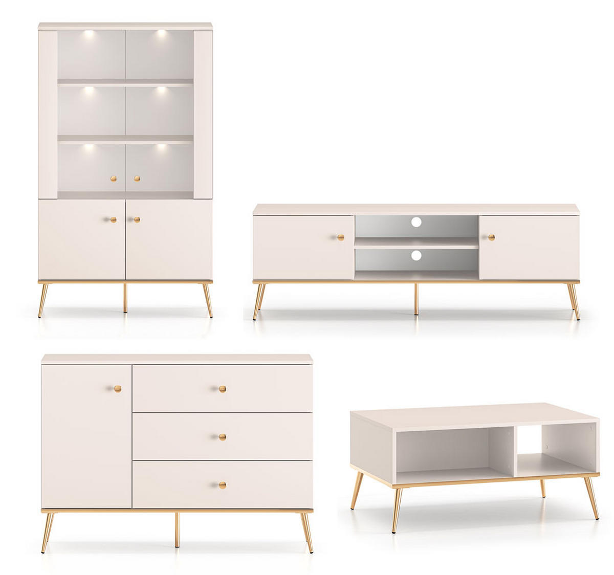 WOHNZIMMER-SET Selgin Kaschmir / Gold 4-teilig - Kaschmir/Goldfarben, Holz/Holzwerkstoff (462/152/60cm) - Feldmann-Wohnen